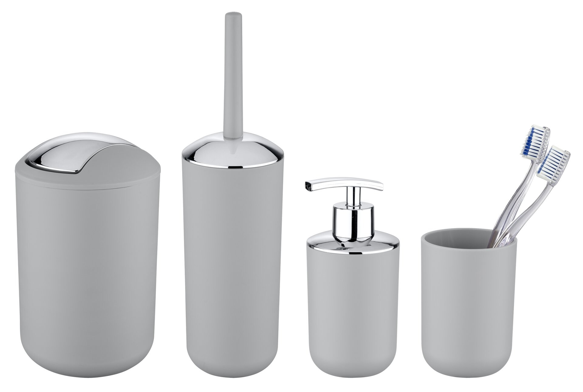 WENKO BRASIL Accessoire Set, Grau, Zahnputzbecher, Seifenspender, WC-Garnitur, Kosmetikeimer