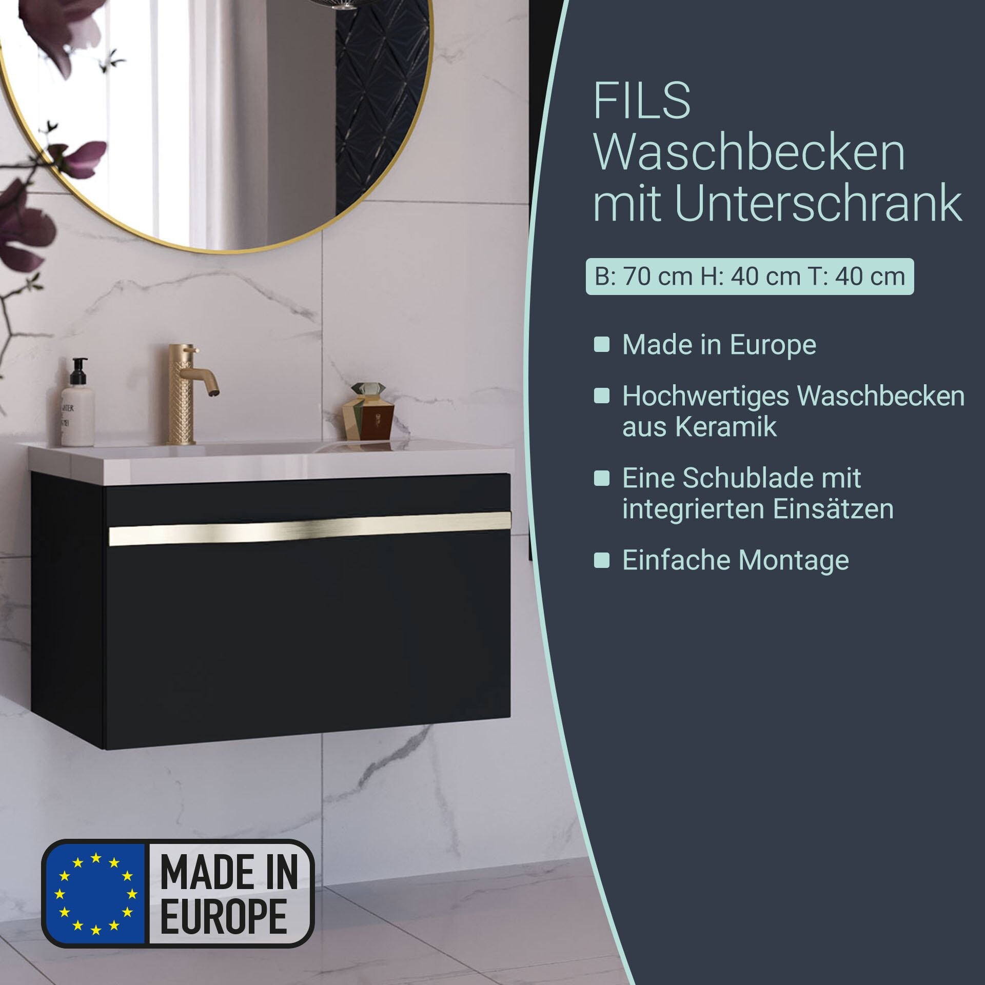 BADEDU FILS Waschbecken mit Unterschrank 69 cm breit, Schwarz, Waschbecken Gussmarmor Weiß, Griff Silber