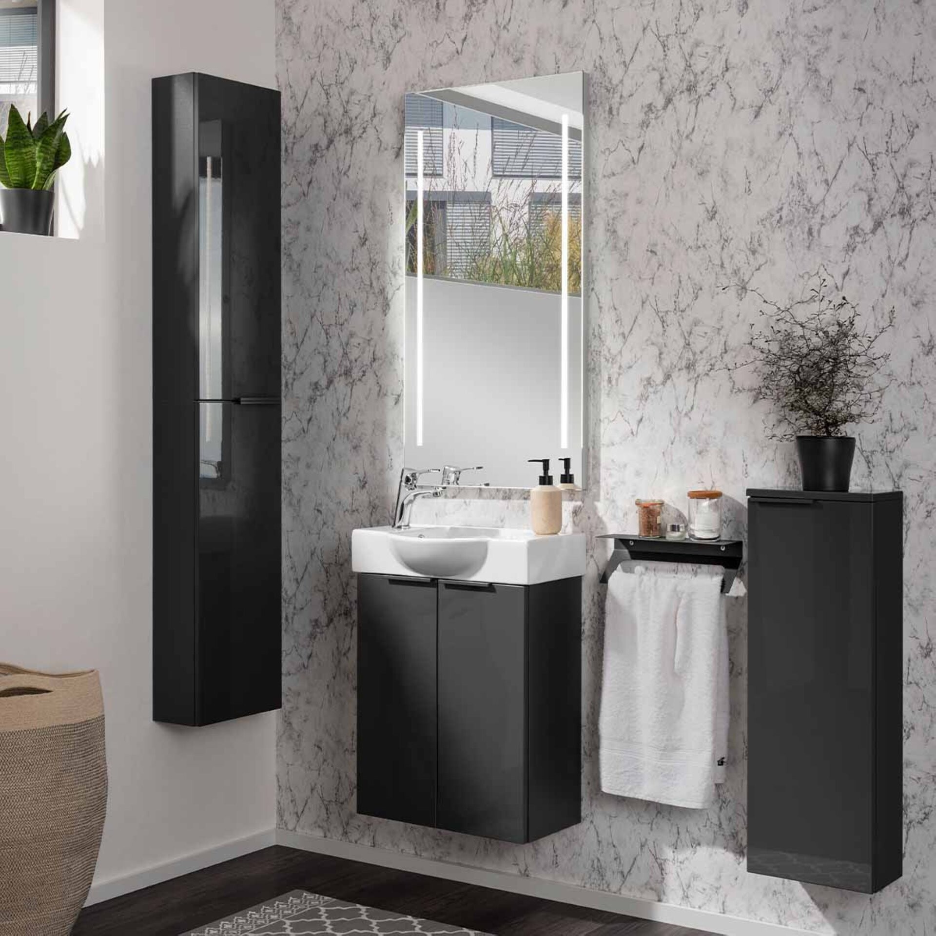 Fackelmann SBC LUNA Gäste WC Set 3-teilig 55 cm, Anthrazit, Keramik Hahnloch links + LED Spiegel Fackelmann SBC LUNA Gäste WC Set 3-teilig 55 cm, Anthrazit, Keramik Hahnloch links + LED Spiegel
