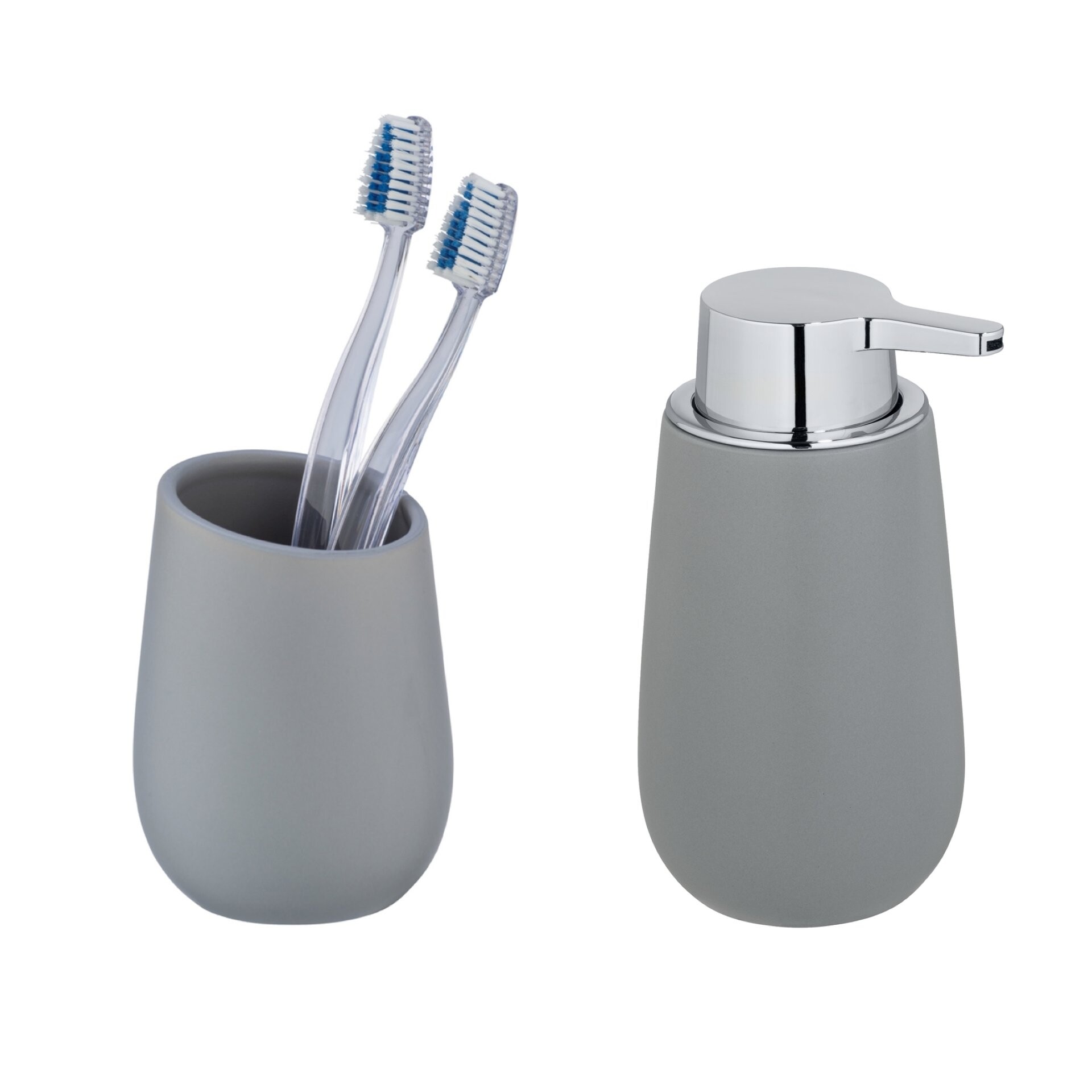 WENKO BADI Accessoire Set, Grau, Zahnputzbecher, Seifenspender, Keramik
