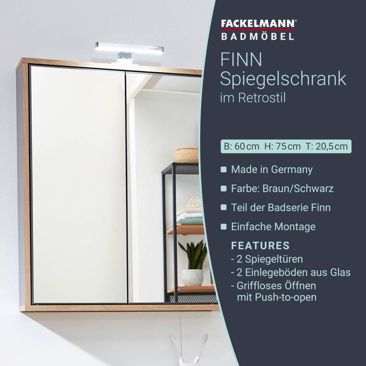 Fackelmann FINN Spiegelschrank 60 cm, Braun hell/Anthrazit Fackelmann FINN Spiegelschrank 60 cm, Braun hell/Anthrazit