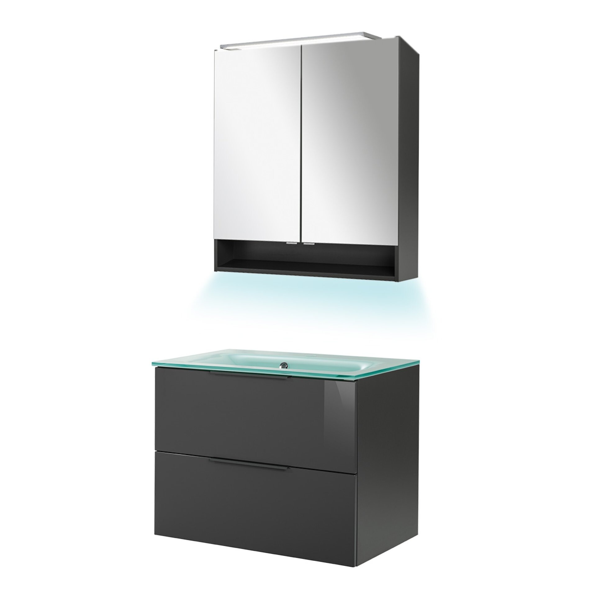 Fackelmann LUNA Badmöbel Set 4-teilig, 80 cm breit, Anthrazit, Glas Mint+Spiegelschrank+Beleuchtung Fackelmann LUNA Badmöbel Set 4-teilig, 80 cm breit, Anthrazit, Glas Mint+Spiegelschrank+Beleuchtung