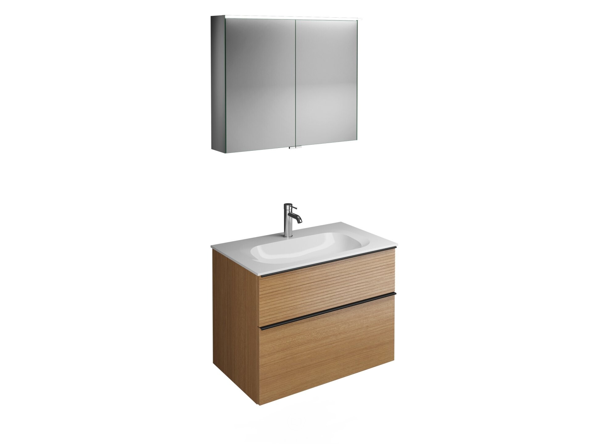 Burgbad FIUMO Waschtisch Set mit Spiegelschrank 82 cm breit, Braun, Waschbecken Gussmarmor Weiß