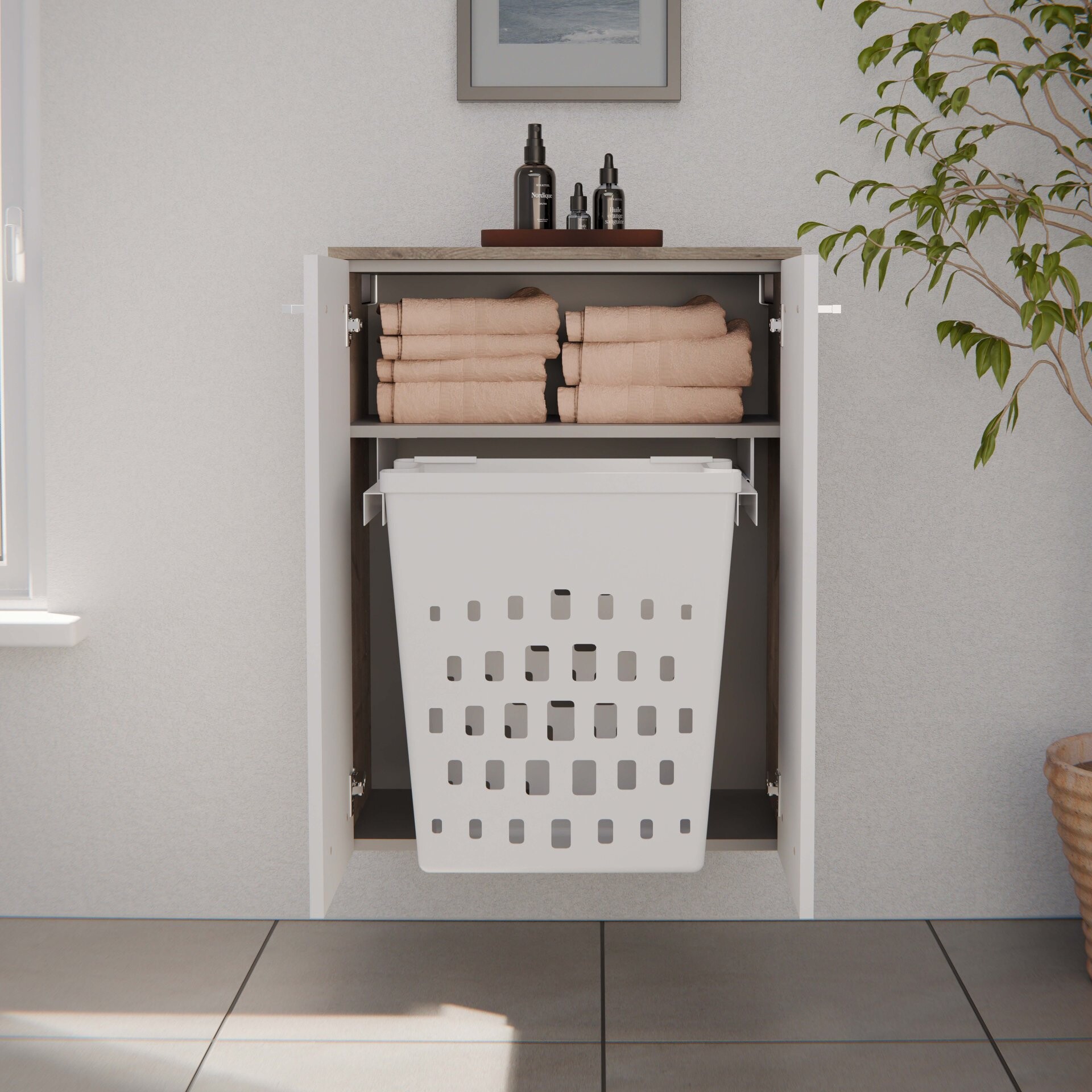 FACKELMANN B.STYLE Doppel Midischrank 60 cm, Weiß/Braun mit Wäschekorb