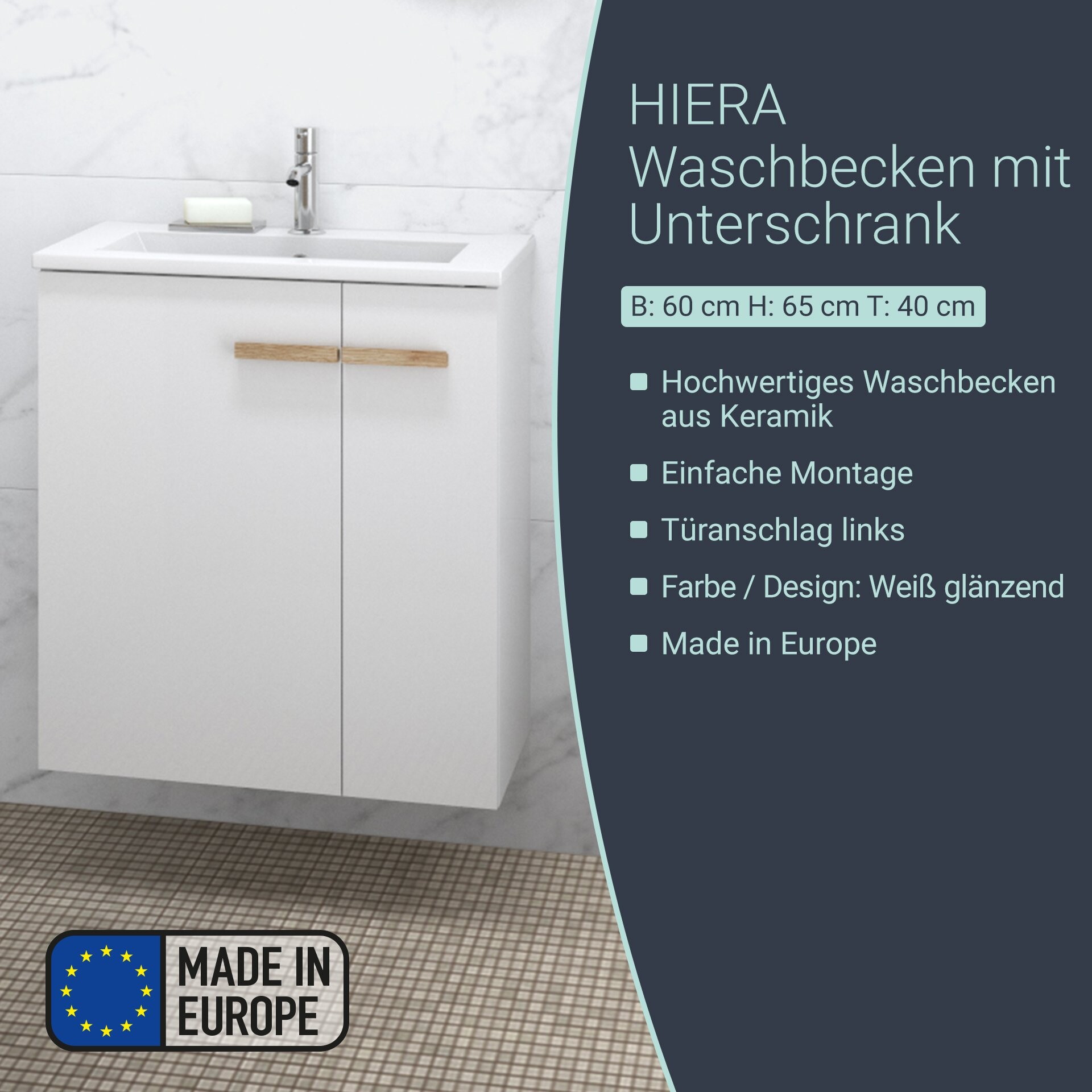 BADEDU HIERA Waschbecken mit Unterschrank 60 cm breit, Weiß, Waschbecken Keramik Weiß