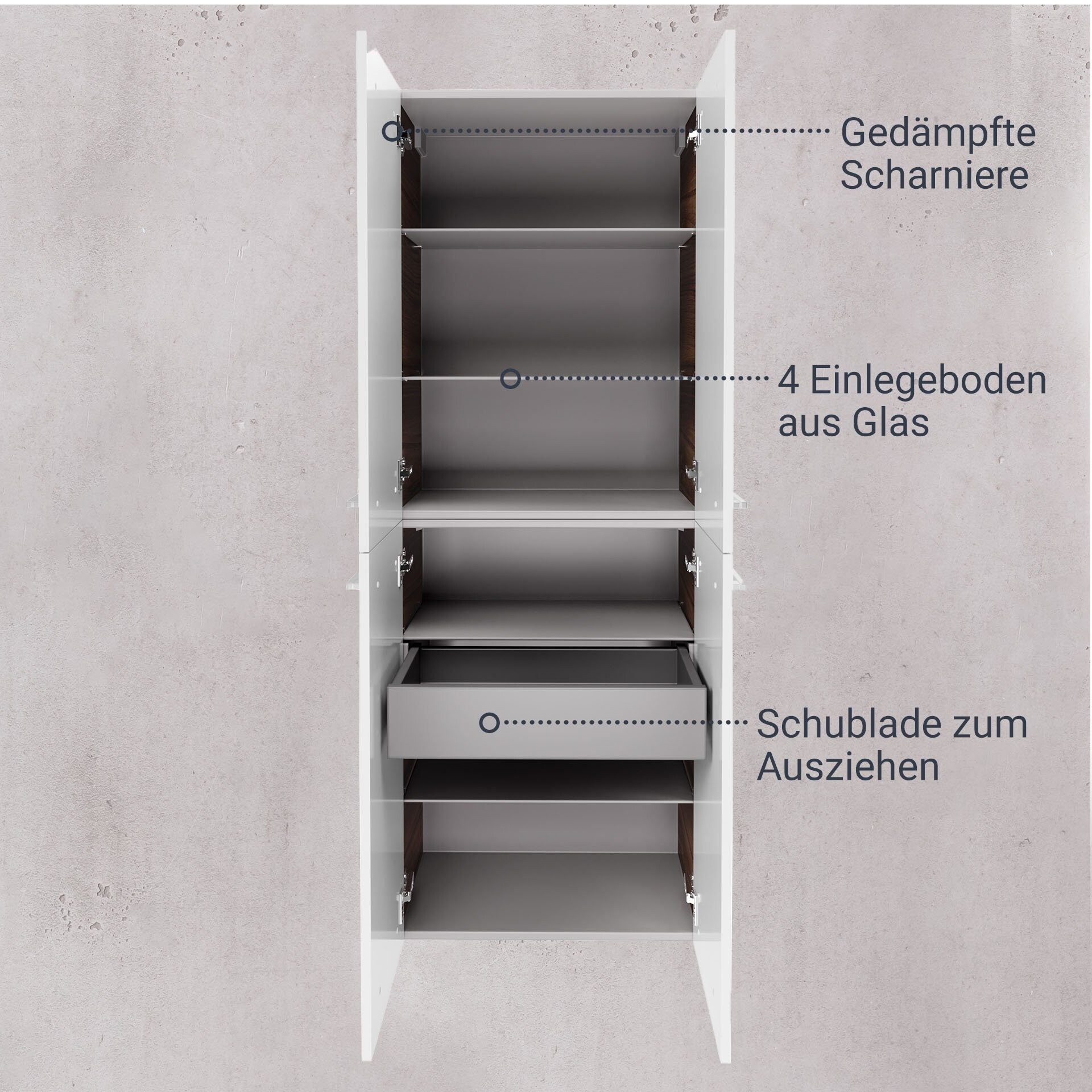 Fackelmann VERONA Doppel Hochschrank mit Schublade 60 cm, Braun Dunkel/Weiß Hochglanz
