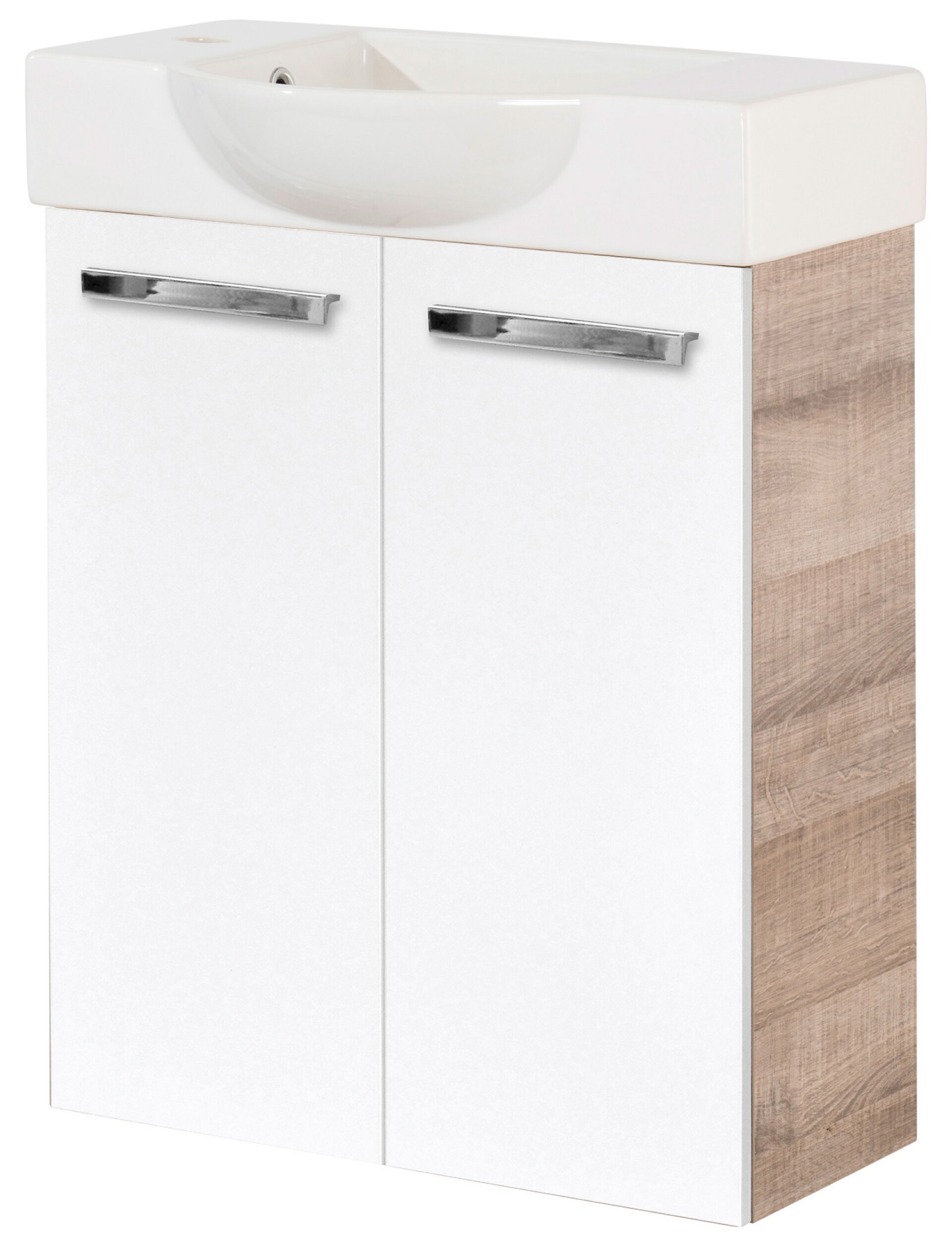 Fackelmann SBC A-VERO Gäste WC Set 2-teilig 55 cm, Braun hell/Weiß, 2 Türen, Keramik Hahnloch links Fackelmann SBC A-VERO Gäste WC Set 2-teilig 55 cm, Braun hell/Weiß, 2 Türen, Keramik Hahnloch links