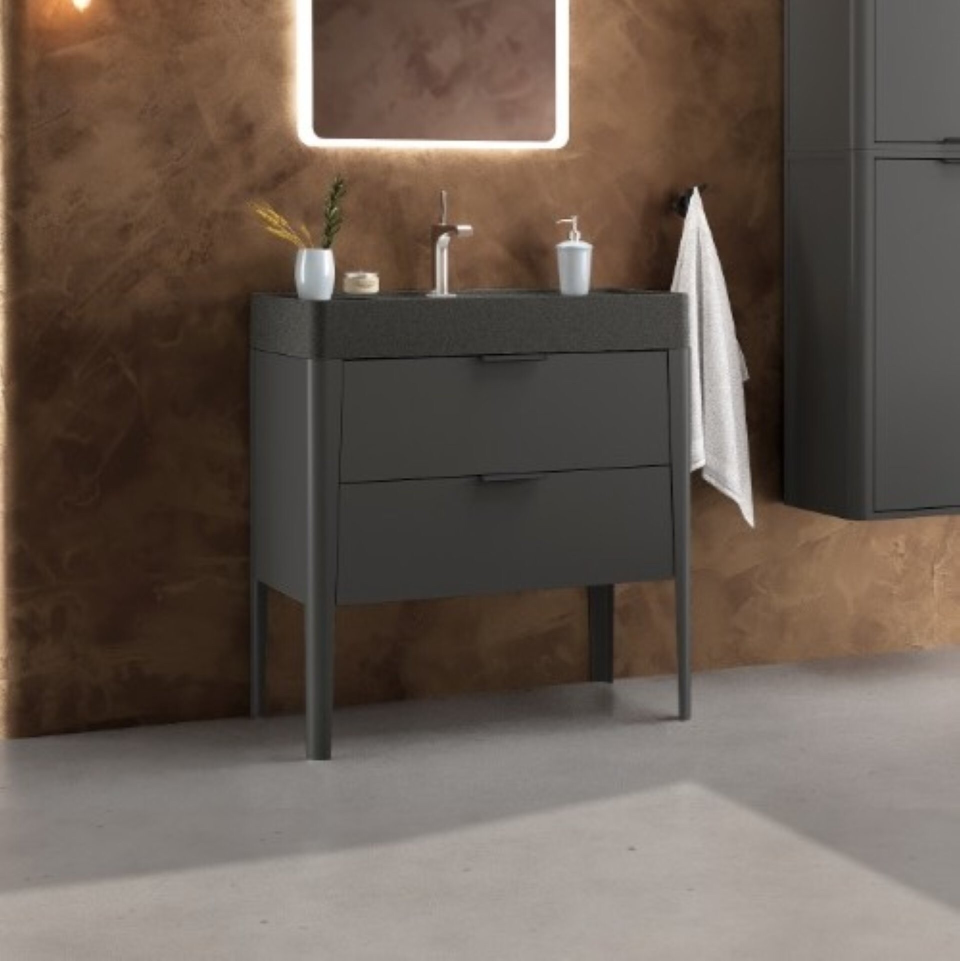 BADEDU SORA Waschbecken mit Unterschrank 80 cm breit, Schwarz matt, Waschbecken Quartzkomposit Schwarz, aus Aluminium, mit Füßen