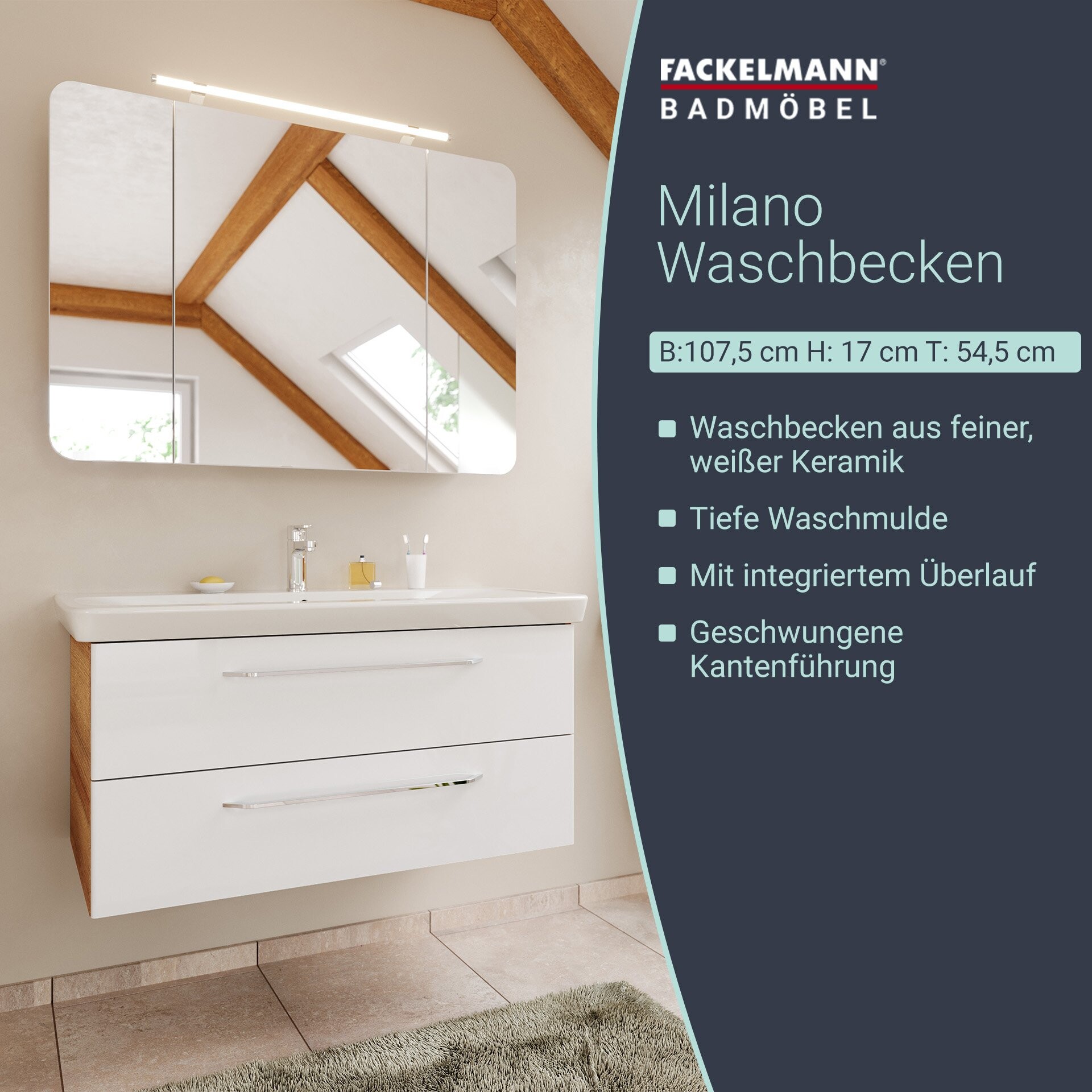 Fackelmann MILANO Waschbecken 107 cm aus Keramik, Weiß