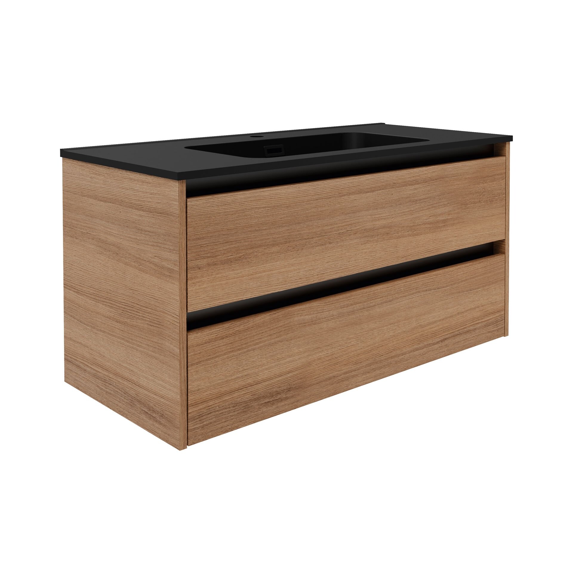 FACKELMANN VITA Waschbecken mit Unterschrank 101 cm breit, Braun hell, Waschbecken Gussmarmor Schwarz matt