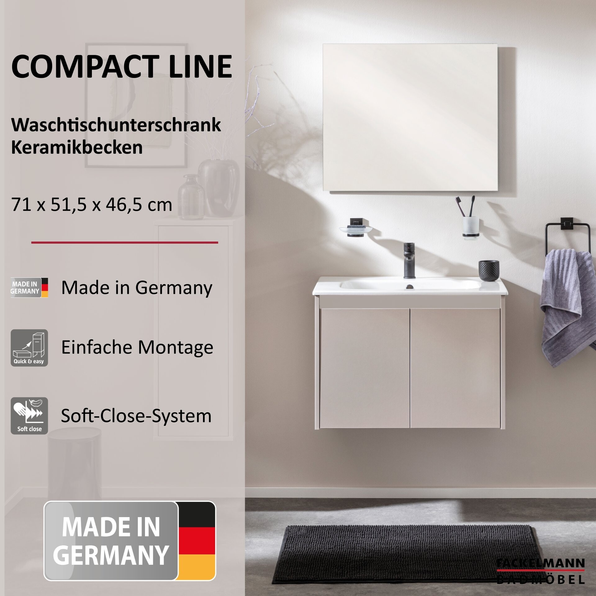 FACKELMANN COMPACT LINE Waschbecken mit Unterschrank 71 cm breit, Grau, Waschbecken Keramik Weiß, 2 Türen