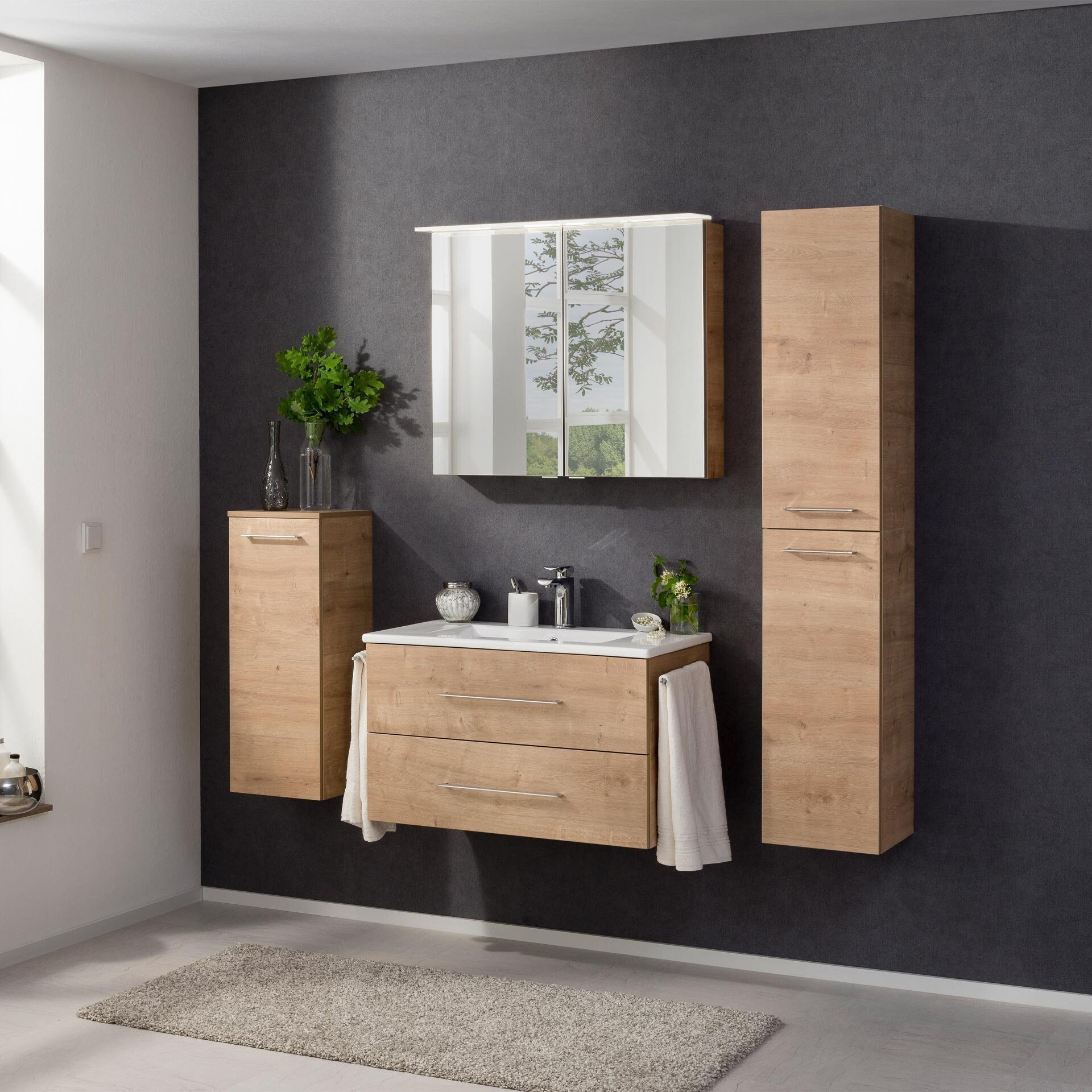 FACKELMANN B.PERFEKT Badmöbel Set 5-teilig 82 cm breit, Braun hell, Waschbecken Keramik Weiß + Spiegelschrank + Midischrank + Hochschrank