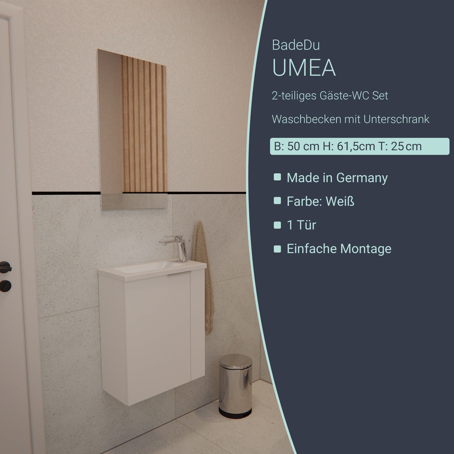 BADEDU UMEA Gäste WC Waschtisch Set 50 cm breit, Weiß, Waschbecken Gussmarmor Weiß