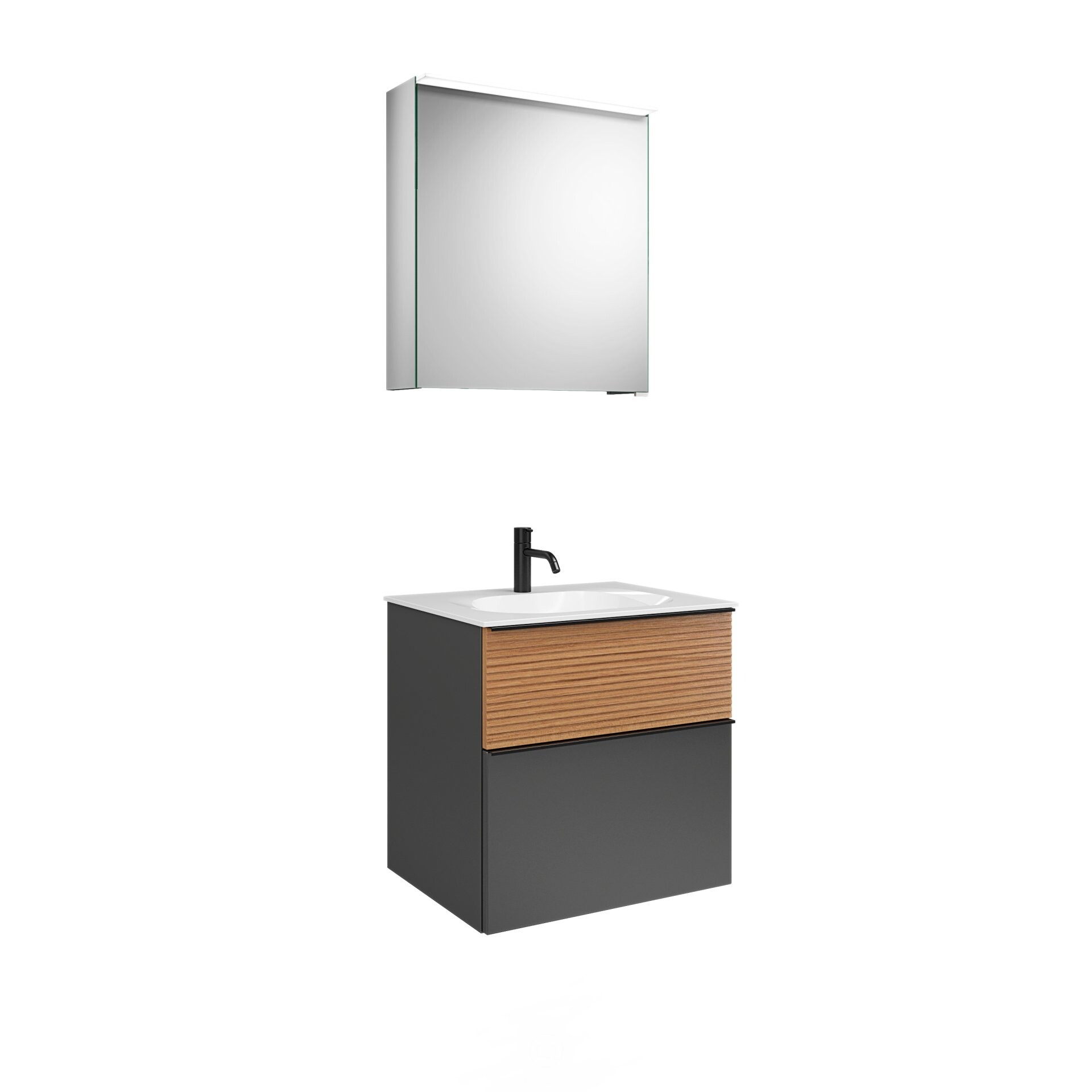 Burgbad FIUMO Waschtisch Set mit Spiegelschrank 62 cm breit, Braun/Anthrazit, Waschbecken Gussmarmor Weiß, Anschlag links Burgbad FIUMO Waschtisch Set mit Spiegelschrank 62 cm breit, Braun/Anthrazit, Waschbecken Gussmarmor Weiß, Anschlag links