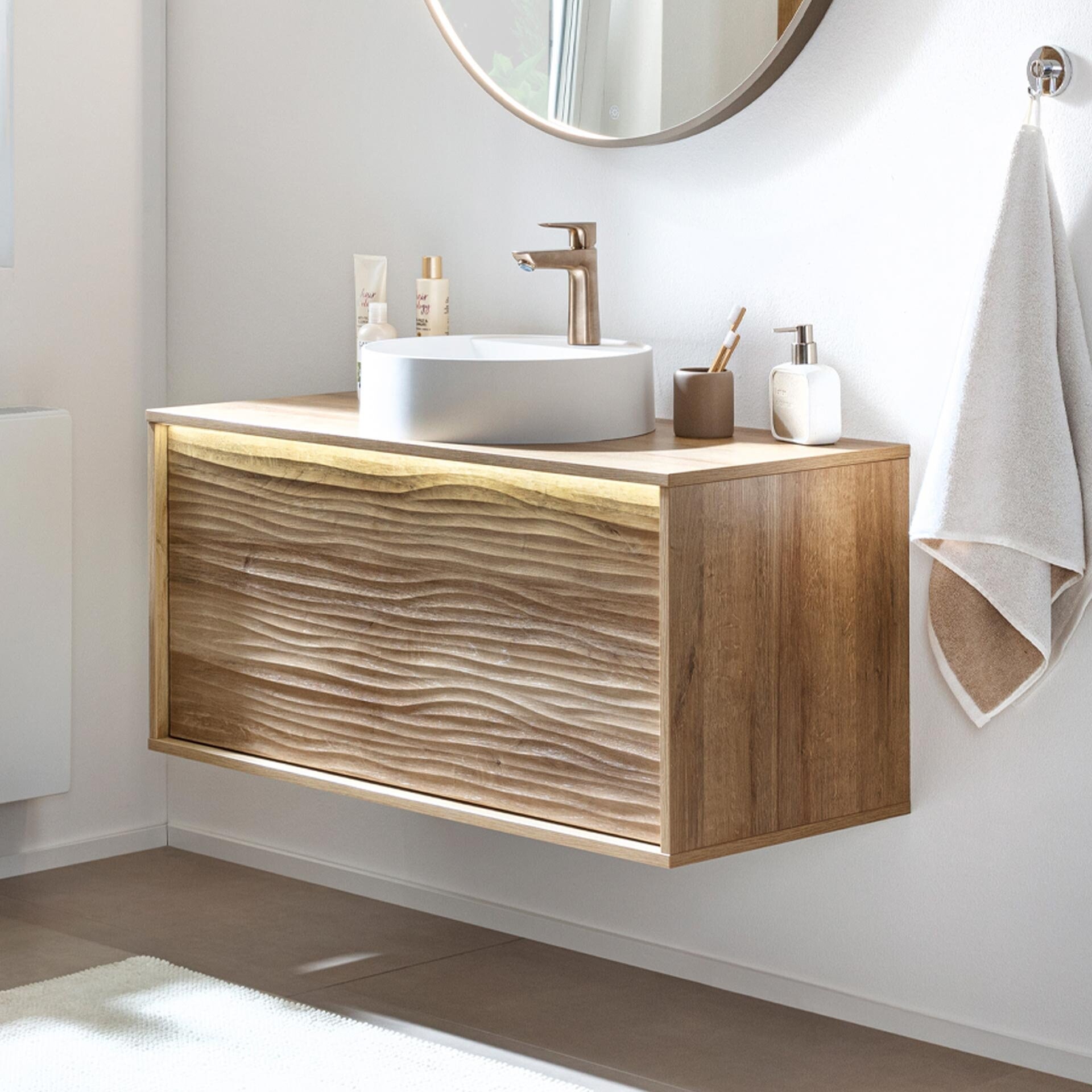 LANZET DUNE Waschbecken mit Unterschrank 100,3 cm breit, Braun hell, Aufsatzwaschbecken Gussmarmor Weiß, inkl. LED Beleuchtung