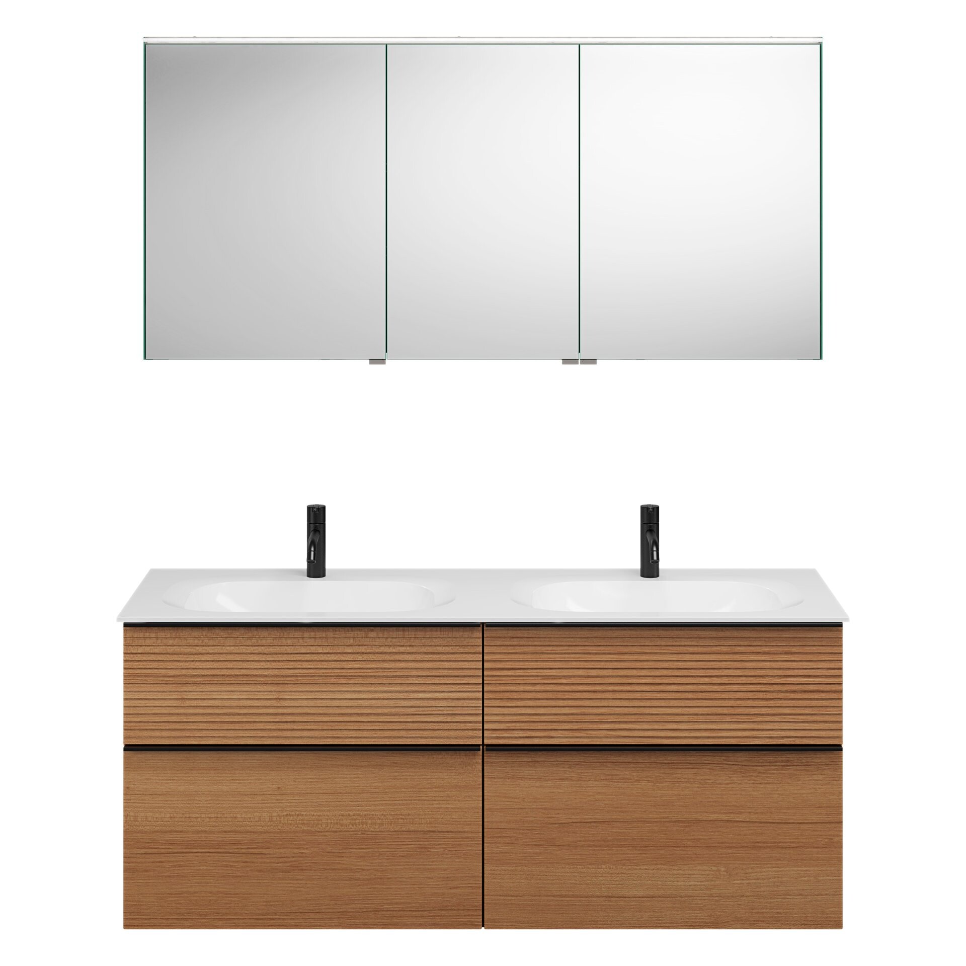 Burgbad FIUMO Waschtisch Set mit Spiegelschrank 142 cm breit, Braun, Doppelwaschbecken Gussmarmor Weiß, 4 Schubladen, Anschlag links Burgbad FIUMO Waschtisch Set mit Spiegelschrank 142 cm breit, Braun, Doppelwaschbecken Gussmarmor Weiß, 4 Schubladen, Anschlag links