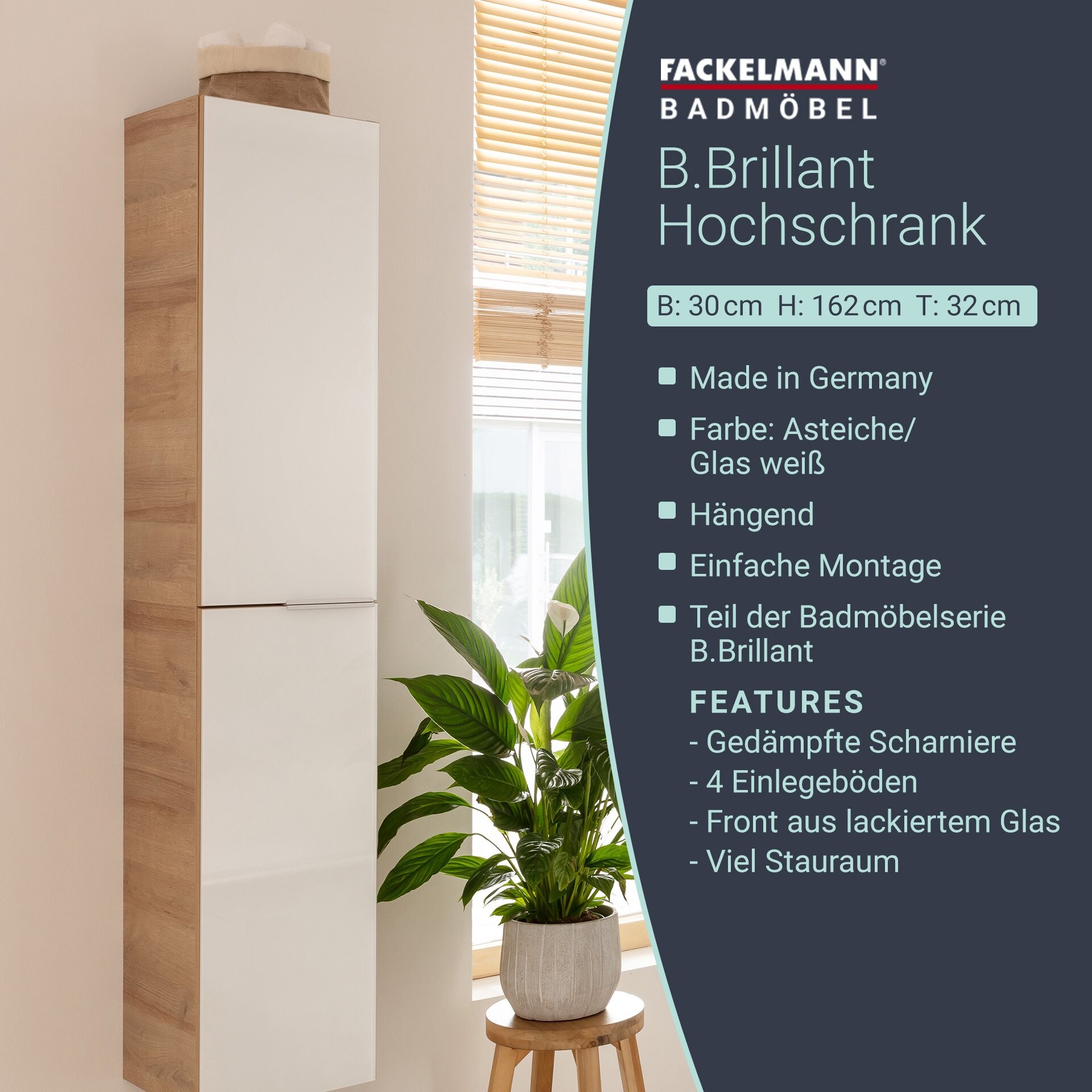 Fackelmann B.BRILLANT Hochschrank, 30 cm breit, Weiß Glas/Braun hell
