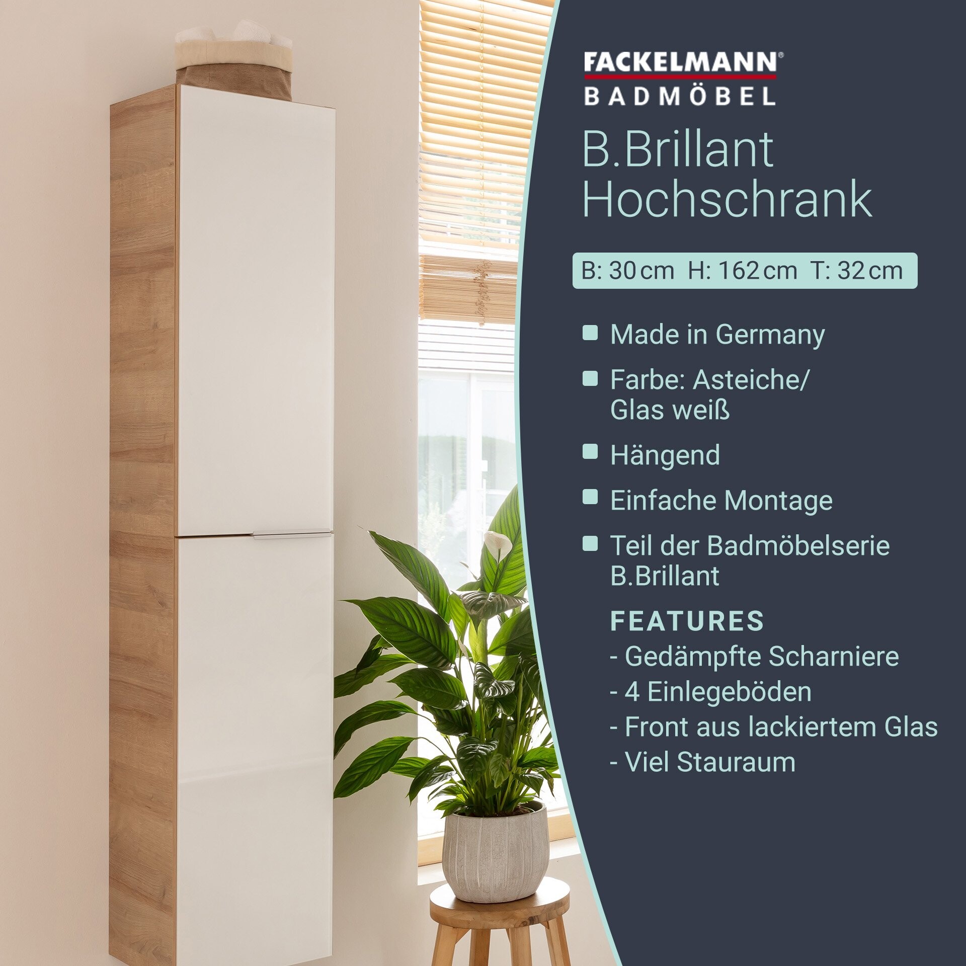 Fackelmann B.BRILLANT Hochschrank, 30 cm breit, Weiß Glas/Braun hell Fackelmann B.BRILLANT Hochschrank, 30 cm breit, Weiß Glas/Braun hell