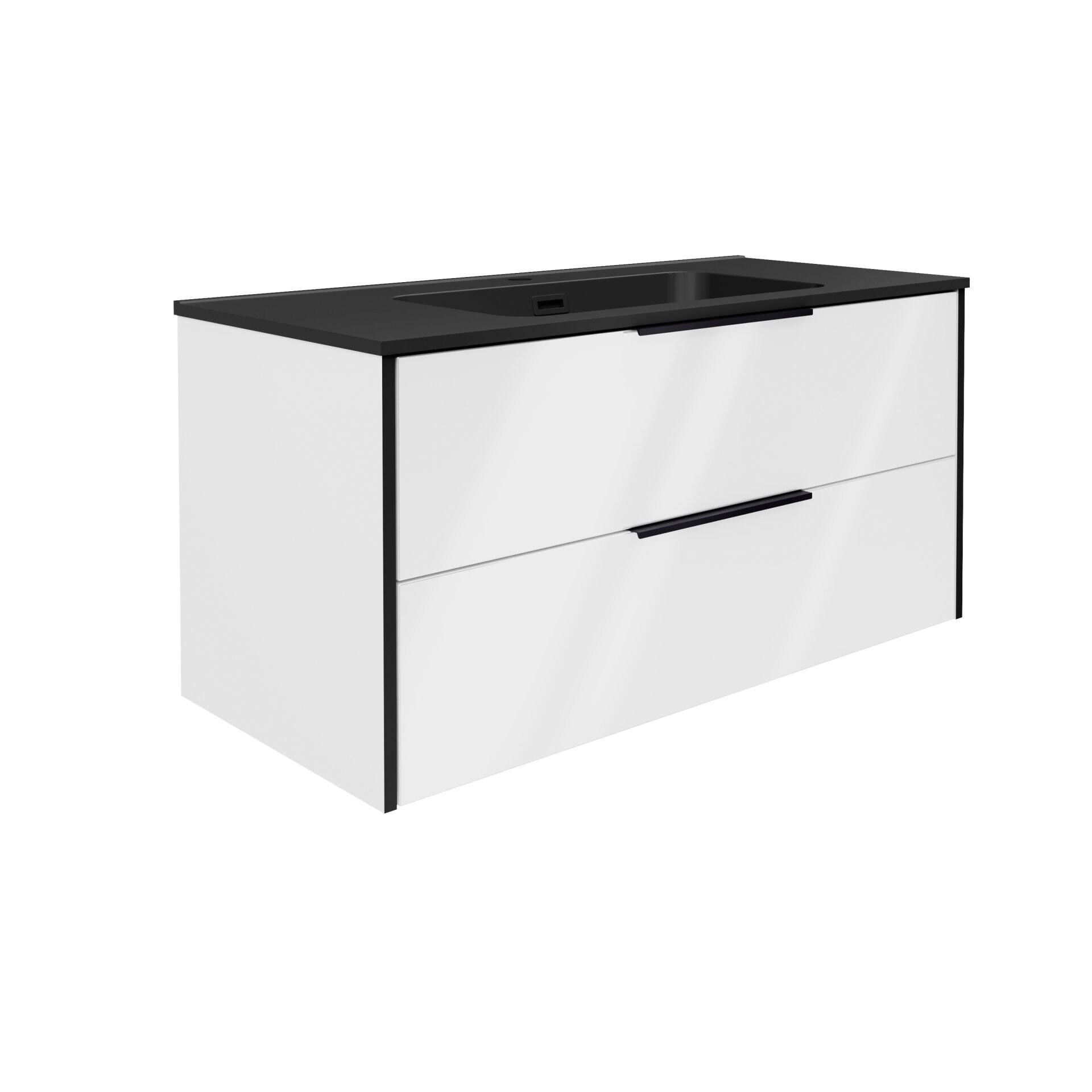 FACKELMANN FLAIR Waschbecken mit Unterschrank 101 cm breit, Weiß/Anthrazit, Waschbecken Gussmarmor Schwarz matt