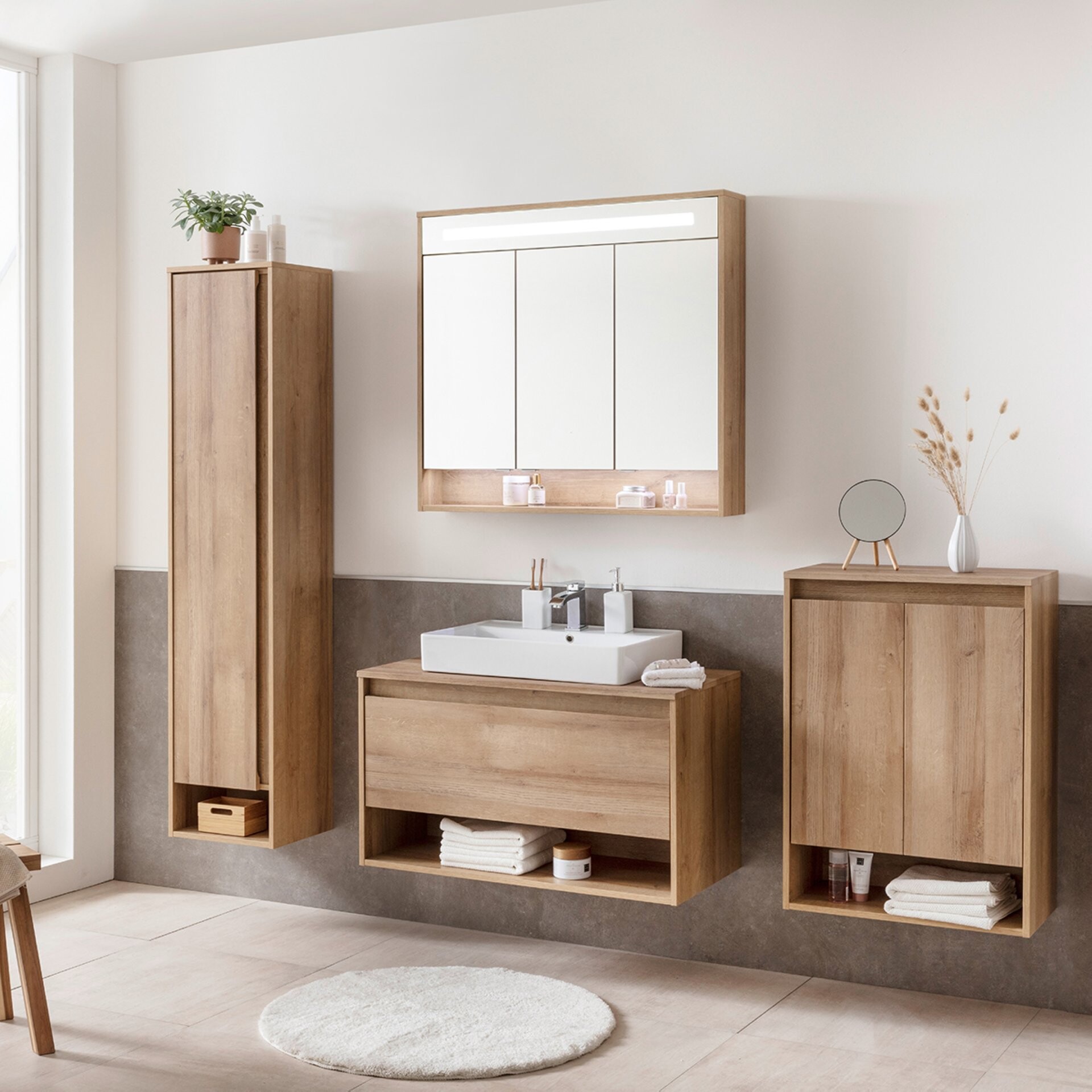 Fackelmann NATURA Badmöbel Set 5-teilig, 94 cm, Braun hell+Spiegelschrank+Midischrank+Hochschrank links Fackelmann NATURA Badmöbel Set 5-teilig, 94 cm, Braun hell+Spiegelschrank+Midischrank+Hochschrank links