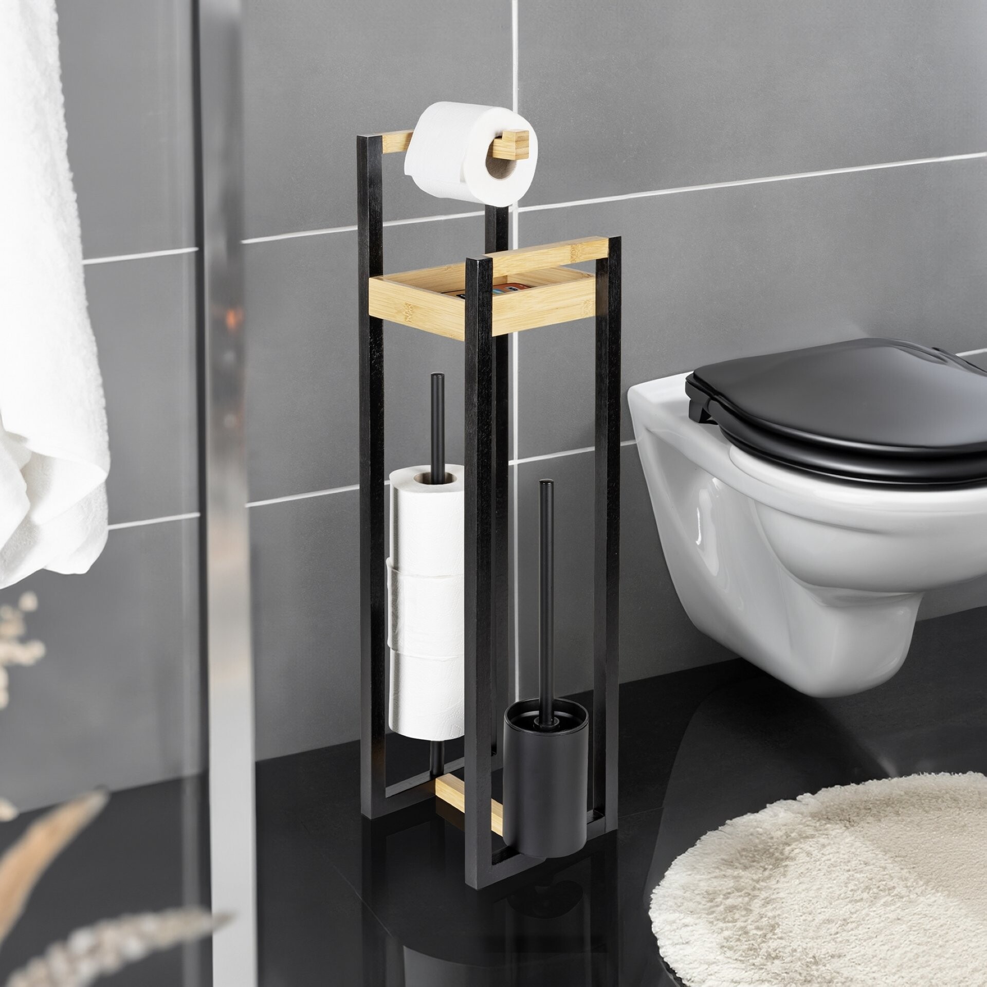 WENKO BRAIDI WC-Garnitur, Schwarz/Braun, Bambus, mit Toilettenpapierhalter und Ablage, stehend