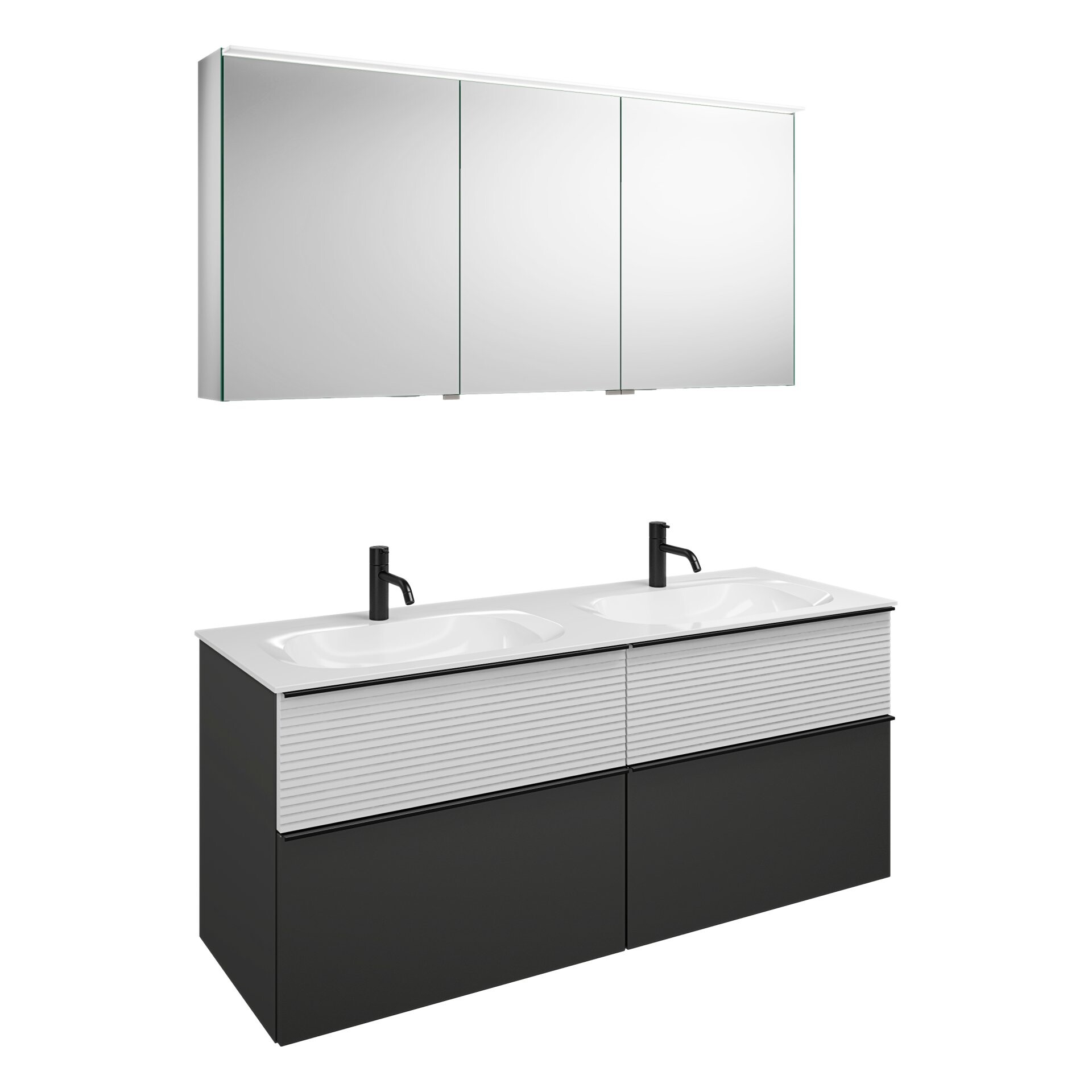 Burgbad FIUMO Waschtisch Set mit Spiegelschrank 142 cm breit, Weiß/Anthrazit, Doppelwaschbecken Gussmarmor Weiß, 4 Schubladen, Anschlag links Burgbad FIUMO Waschtisch Set mit Spiegelschrank 142 cm breit, Weiß/Anthrazit, Doppelwaschbecken Gussmarmor Weiß, 4 Schubladen, Anschlag links