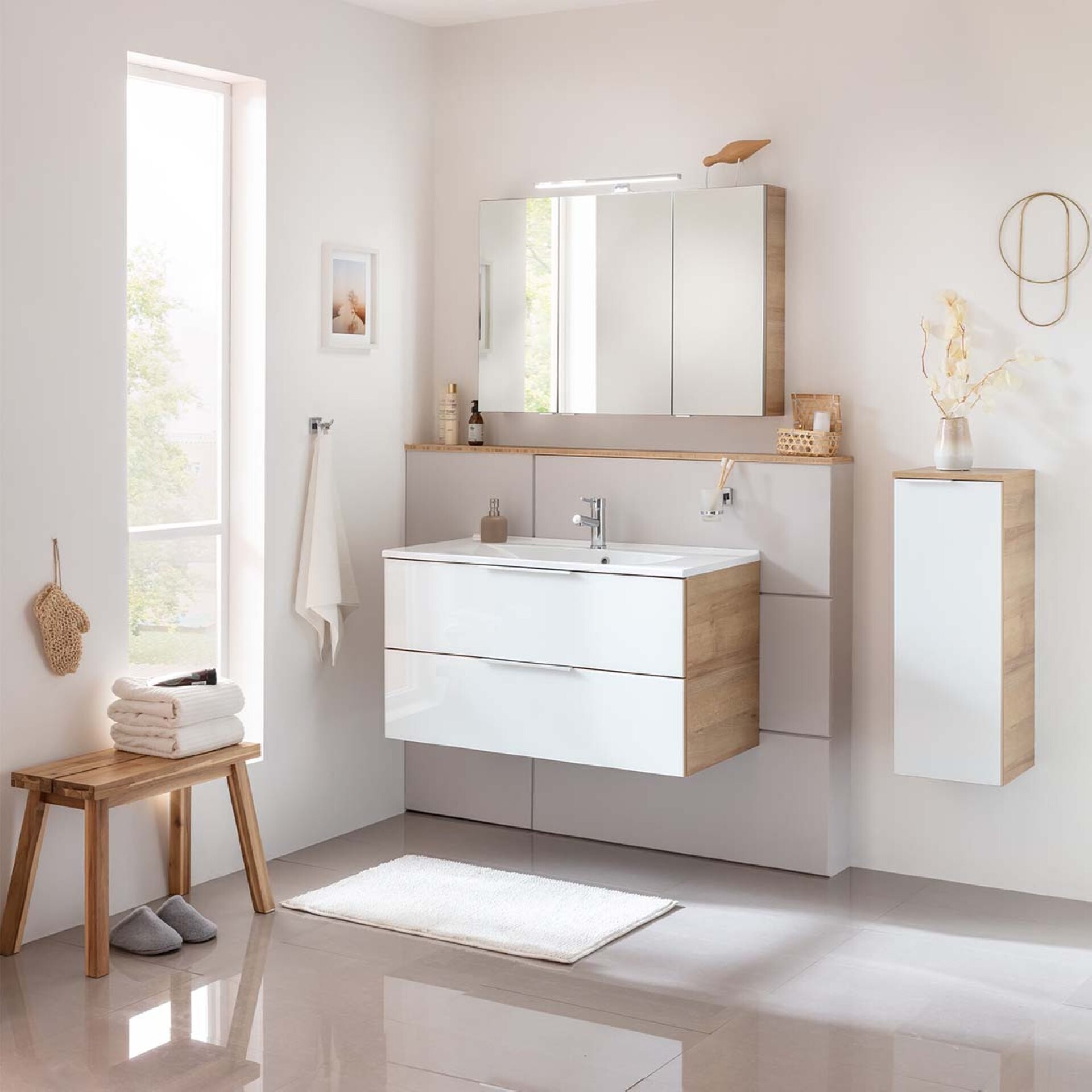 Fackelmann B. BRILLANT Badmöbel Set 3-teilig 100 cm, Weiß Glas/Braun hell, LED-Spiegelschrank Fackelmann B. BRILLANT Badmöbel Set 3-teilig 100 cm, Weiß Glas/Braun hell, LED-Spiegelschrank