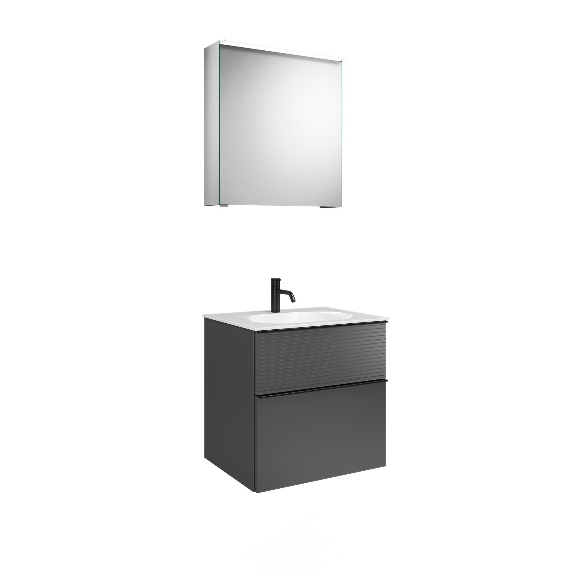 Burgbad FIUMO Waschtisch Set mit Spiegelschrank 62 cm breit, Anthrazit, Waschbecken Gussmarmor Weiß, Anschlag rechts Burgbad FIUMO Waschtisch Set mit Spiegelschrank 62 cm breit, Anthrazit, Waschbecken Gussmarmor Weiß, Anschlag rechts