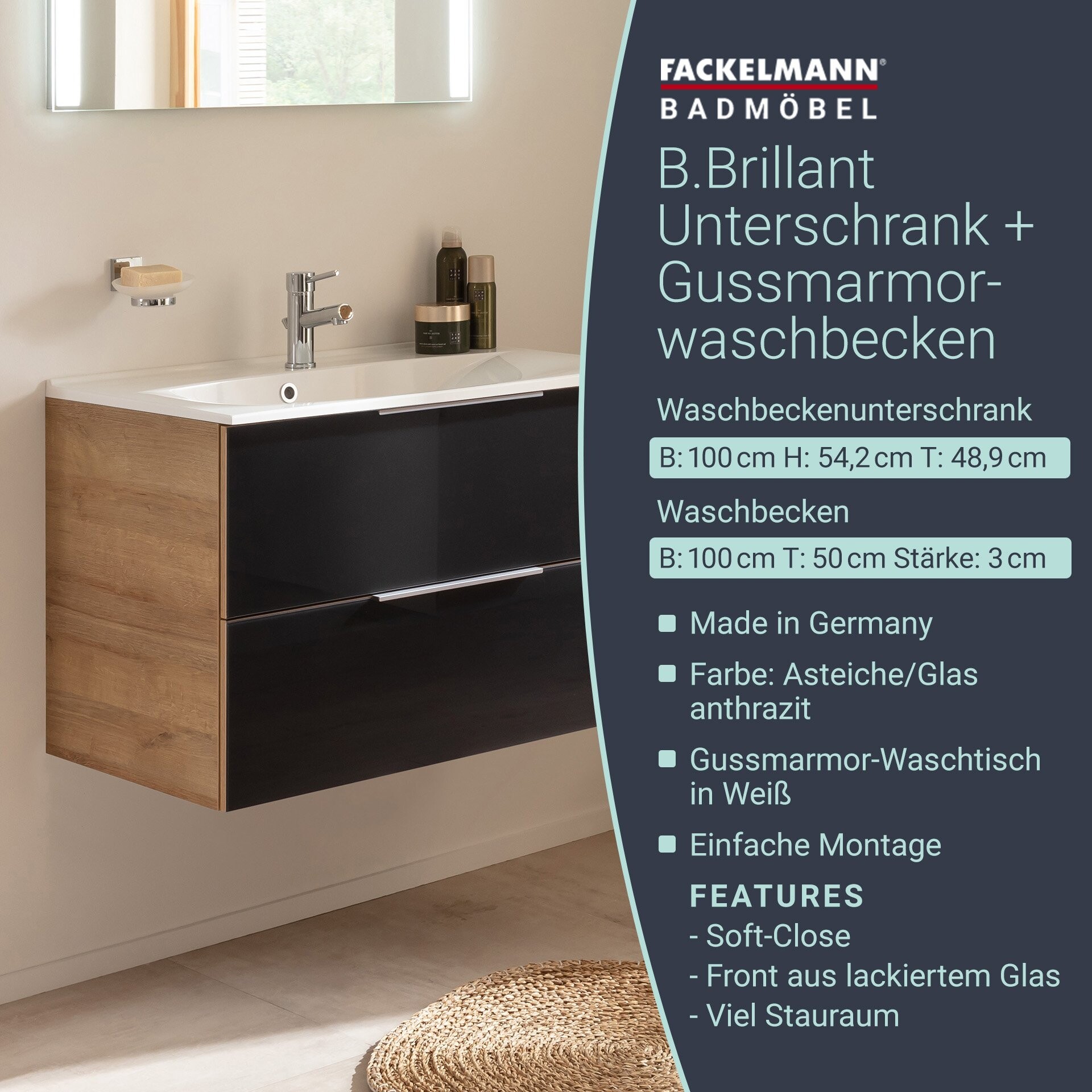 Fackelmann B.BRILLANT Badmöbel Set 2-teilig, 100 cm breit, Anthrazit Glas/Braun hell, Gussmarmor