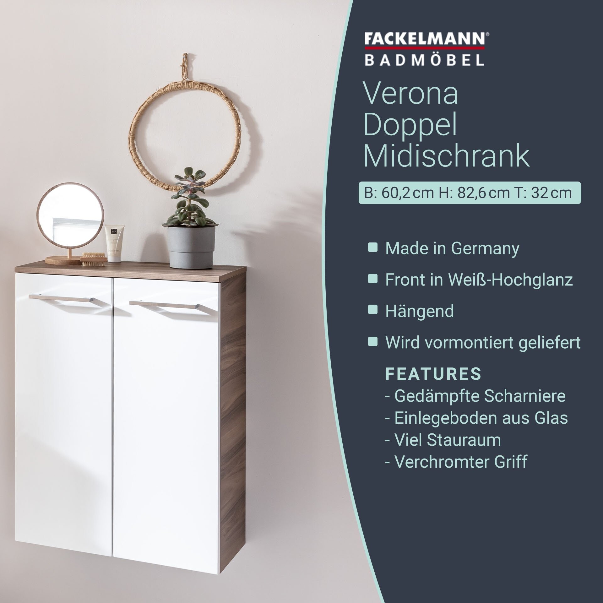 Fackelmann VERONA Doppel Midischrank mit Schublade 60 cm, Braun Dunkel/Weiß Hochglanz