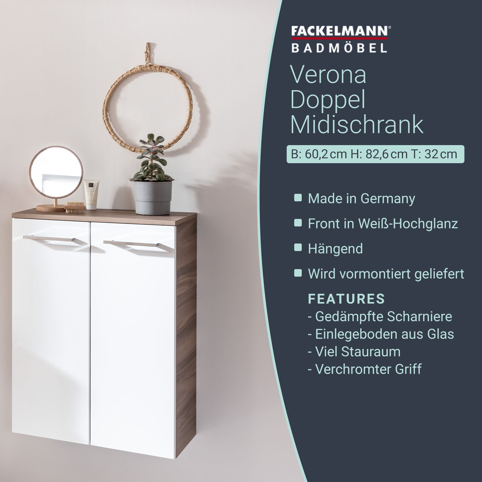 Fackelmann VERONA Doppel Midischrank mit Schublade 60 cm, Braun Dunkel/Weiß Hochglanz Fackelmann VERONA Doppel Midischrank mit Schublade 60 cm, Braun Dunkel/Weiß Hochglanz