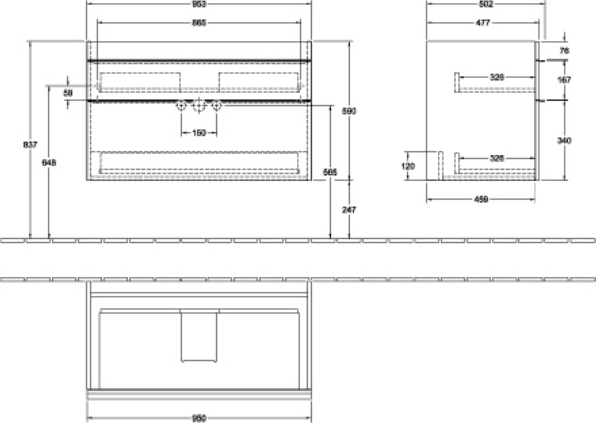 VILLEROY & BOCH VENTICELLO Waschbeckenunterschrank 95 cm breit, Weiß, Griff Chrom, 2 Schubladen