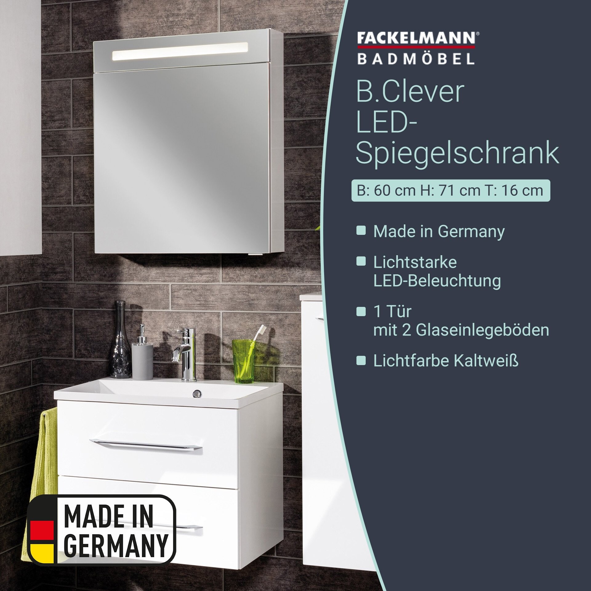 Fackelmann B.CLEVER LED Spiegelschrank 60 cm, Weiß