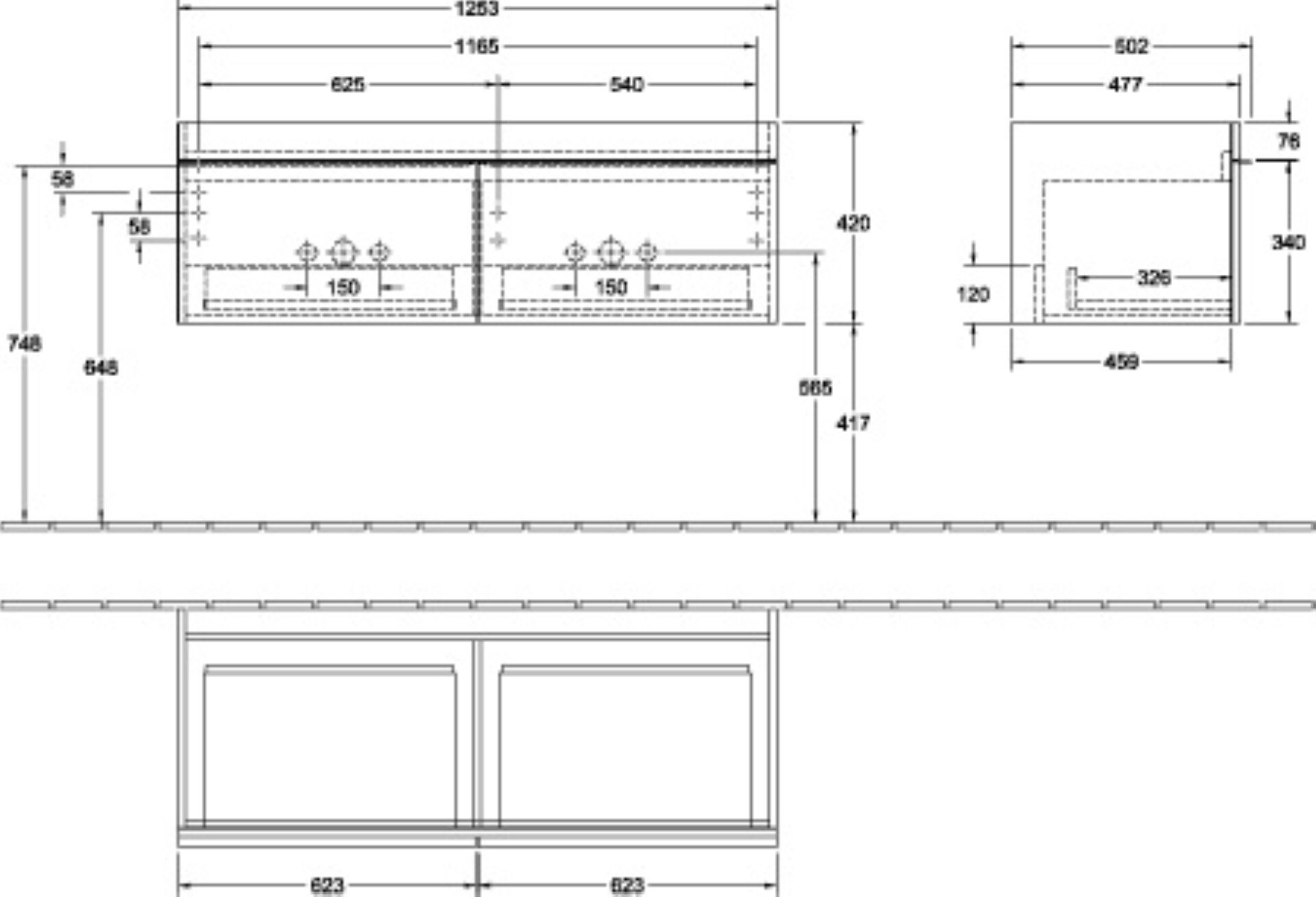 VILLEROY & BOCH VENTICELLO Waschbeckenunterschrank 125 cm breit, Weiß, Griff Chrom, 2 Schubladen, für Doppelwaschbecken