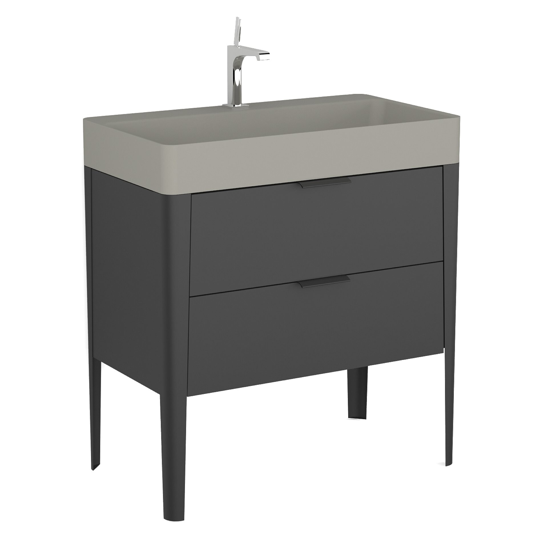 BADEDU SORA Waschbecken mit Unterschrank 80 cm breit, Schwarz matt, Waschbecken Quartzkomposit Grau, aus Aluminium, mit Füßen