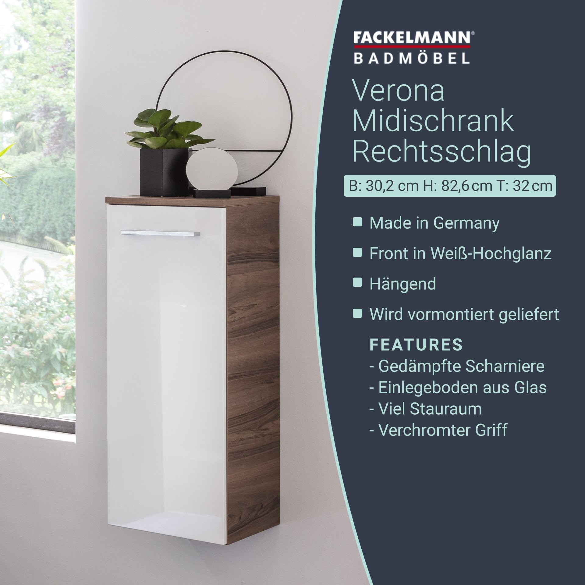 Fackelmann VERONA Midischrank 30 cm, rechts, Braun Dunkel/Weiß Hochglanz