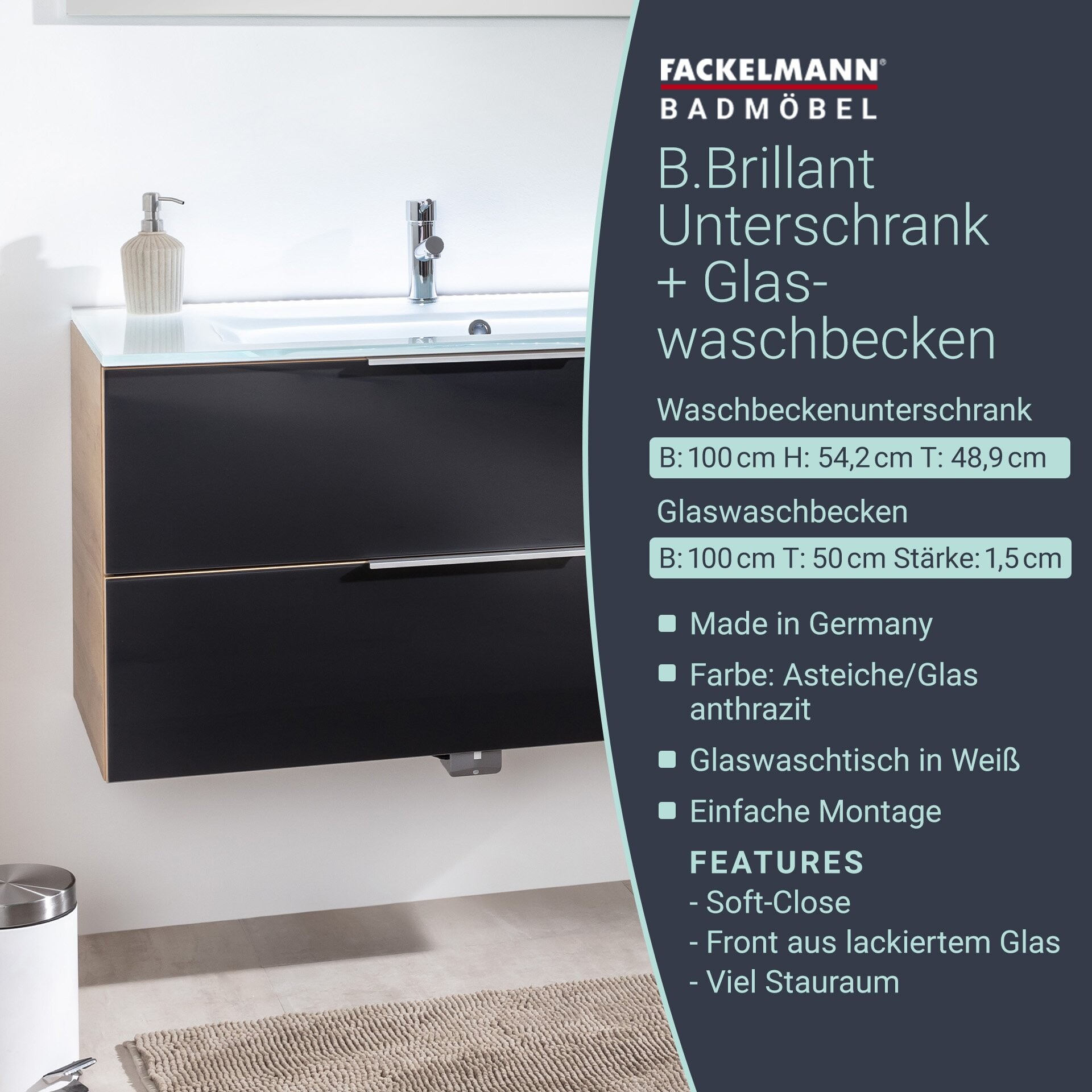 Fackelmann B.BRILLANT Badmöbel Set 2-teilig, 100 cm breit, Anthrazit Glas/Braun hell, Glas Weiß