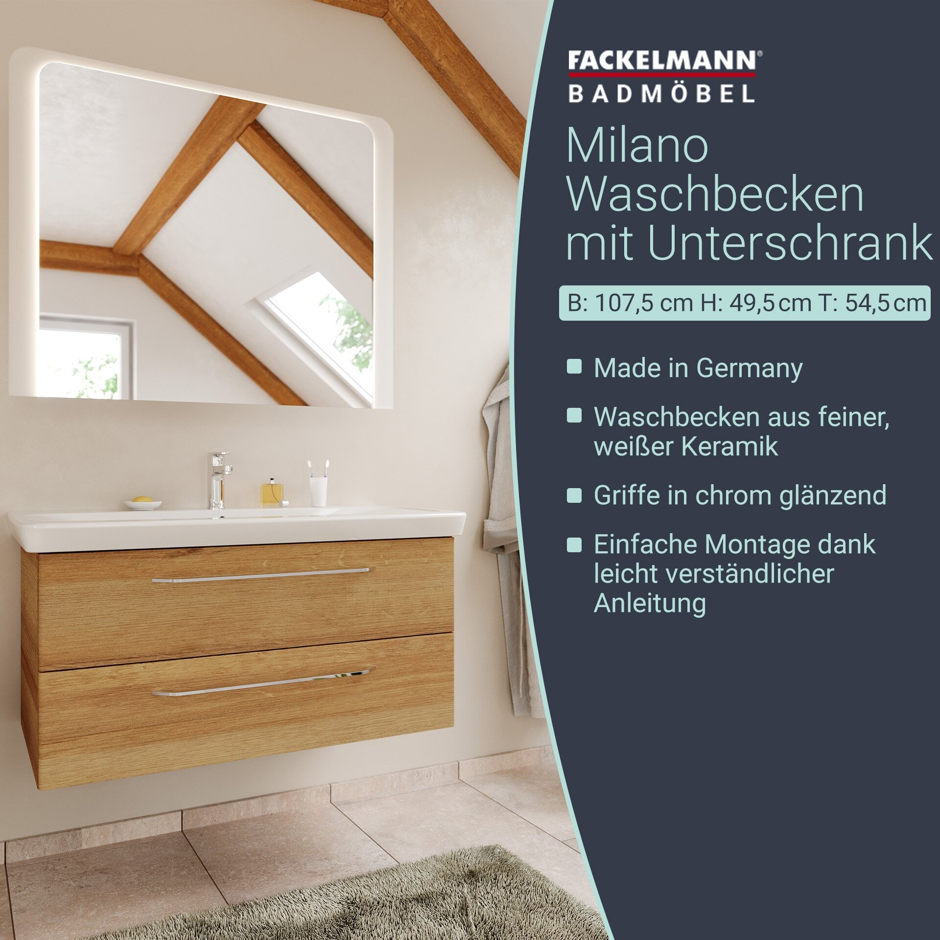 Fackelmann MILANO Waschtisch mit Unterschrank, 107 cm breit, Braun hell, Waschbecken Keramik