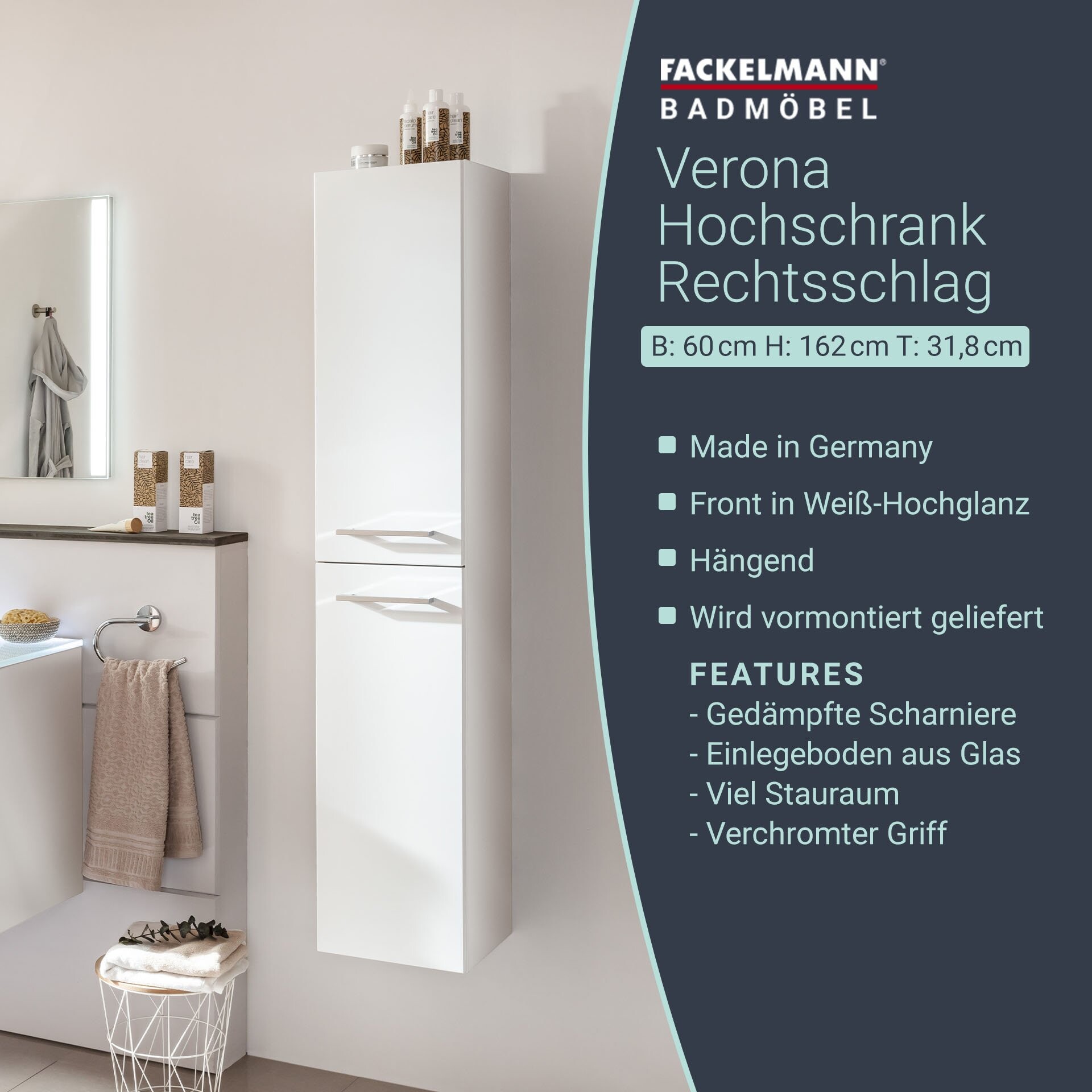Fackelmann VERONA Hochschrank 30 cm, rechts, Weiß Hochglanz Fackelmann VERONA Hochschrank 30 cm, rechts, Weiß Hochglanz