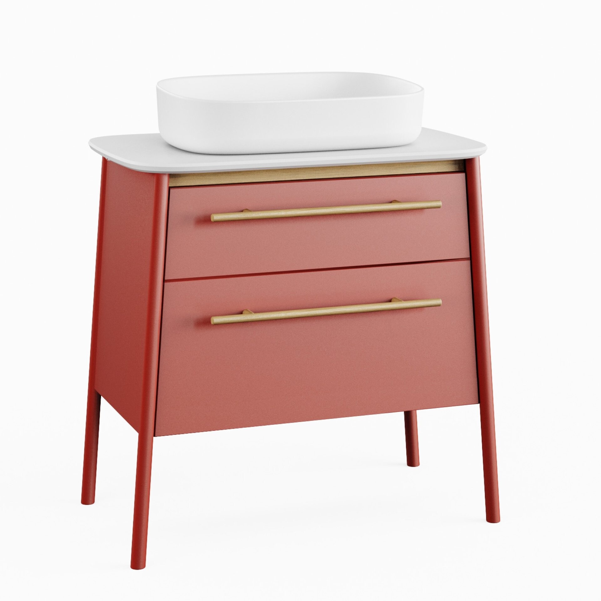 BADEDU TANA Waschbecken mit Unterschrank 80 cm breit, Rot matt, Waschbecken Gussmarmor Weiß, mit Füßen