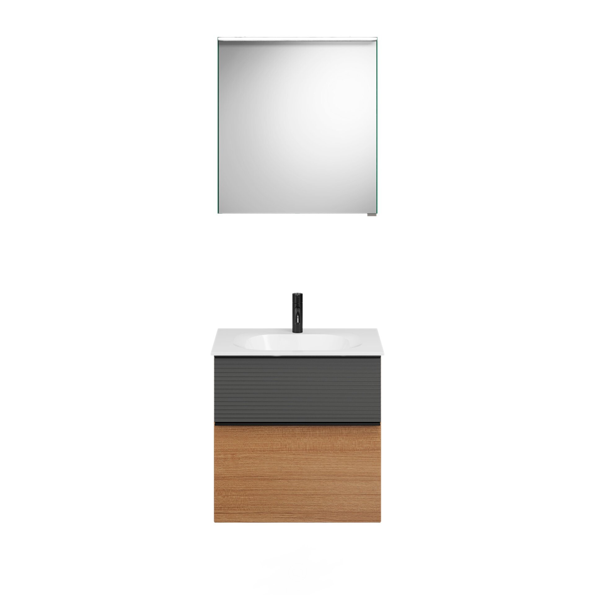 Burgbad FIUMO Waschtisch Set mit Spiegelschrank 62 cm breit, Anthrazit/Braun, Waschbecken Gussmarmor Weiß, Anschlag links Burgbad FIUMO Waschtisch Set mit Spiegelschrank 62 cm breit, Anthrazit/Braun, Waschbecken Gussmarmor Weiß, Anschlag links