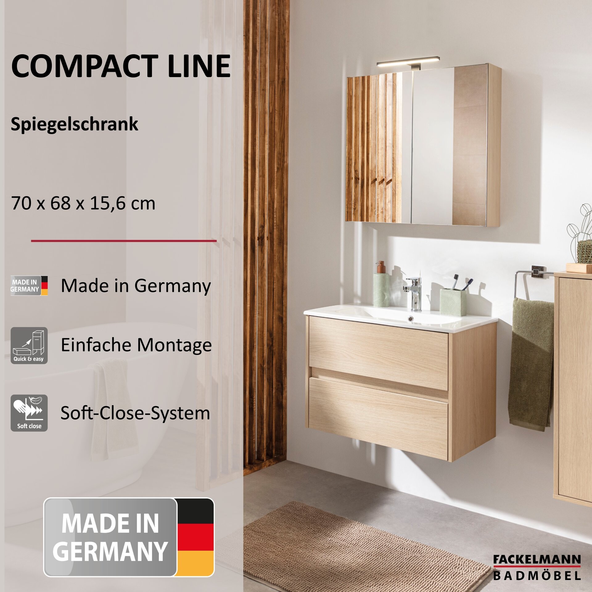FACKELMANN COMPACT LINE Spiegelschrank 70 cm breit, Braun hell