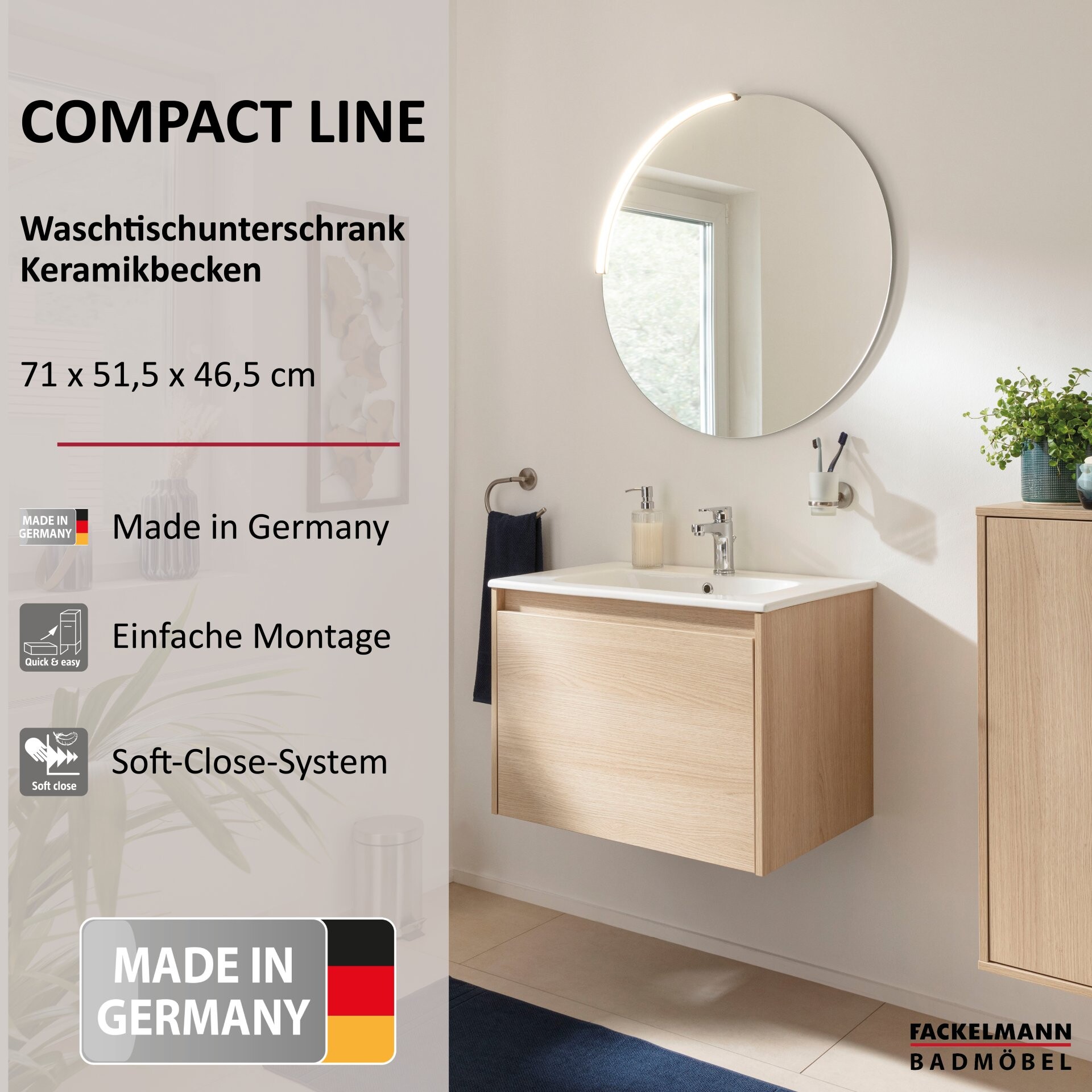 FACKELMANN COMPACT LINE Waschbecken mit Unterschrank 71 cm breit, Braun hell, Waschbecken Keramik Weiß, 1 Schublade