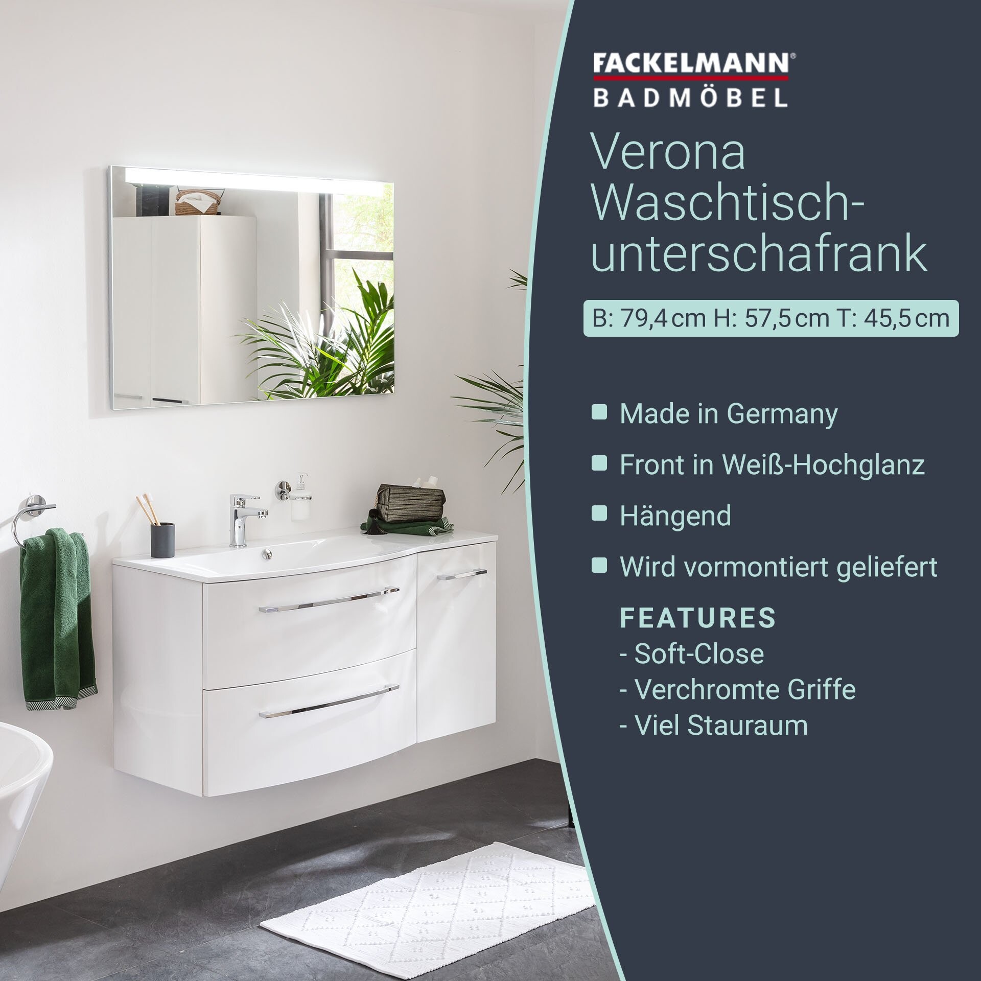 Fackelmann VERONA Waschbeckenunterschrank 79,4 cm breit, Weiß Hochglanz Fackelmann VERONA Waschbeckenunterschrank 79,4 cm breit, Weiß Hochglanz