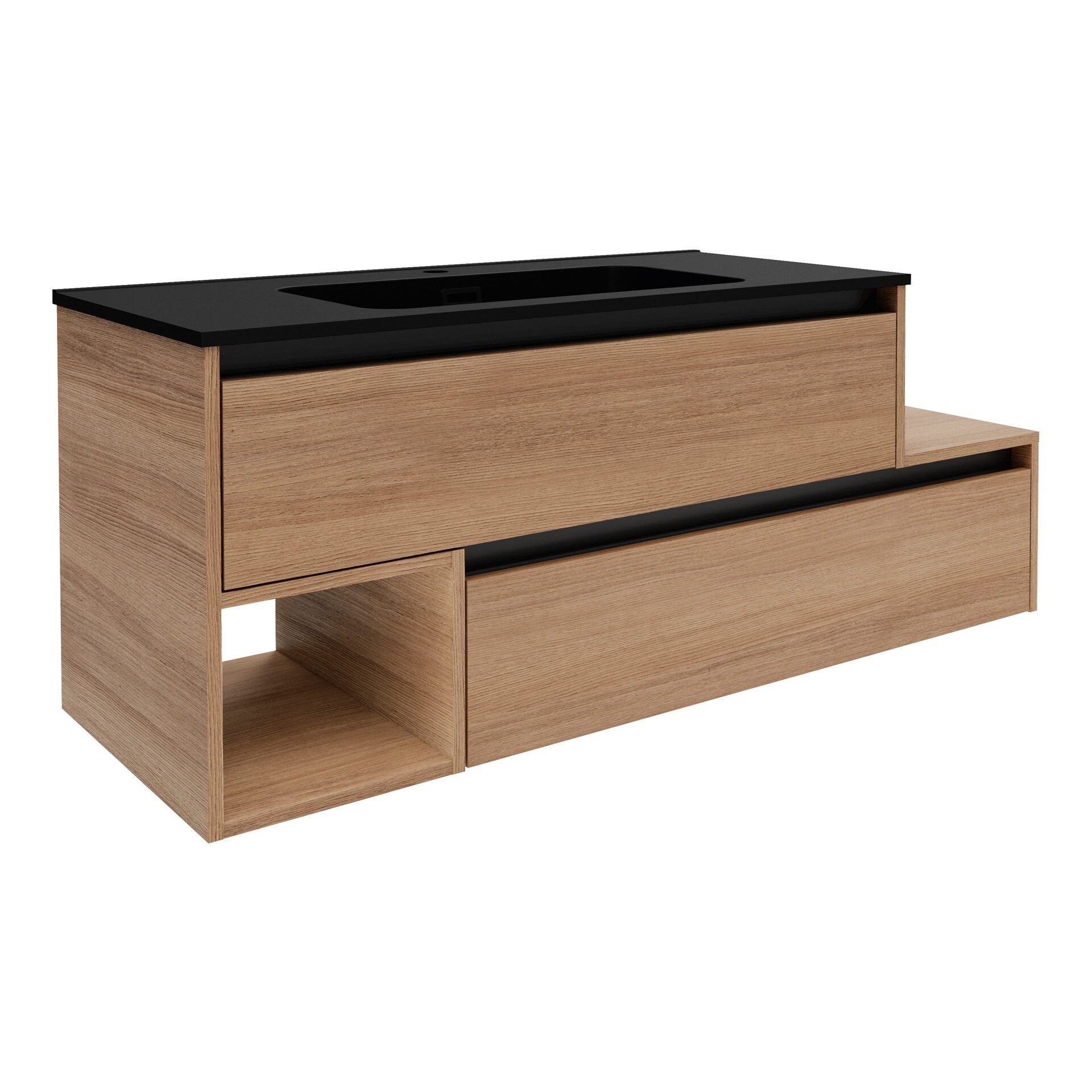 FACKELMANN VITA Waschbecken mit Unterschrank 129 cm breit, Braun hell, Waschbecken Gussmarmor Schwarz matt, Ablage rechts, asymmetrisch FACKELMANN VITA Waschbecken mit Unterschrank 129 cm breit, Braun hell, Waschbecken Gussmarmor Schwarz matt, Ablage rechts, asymmetrisch