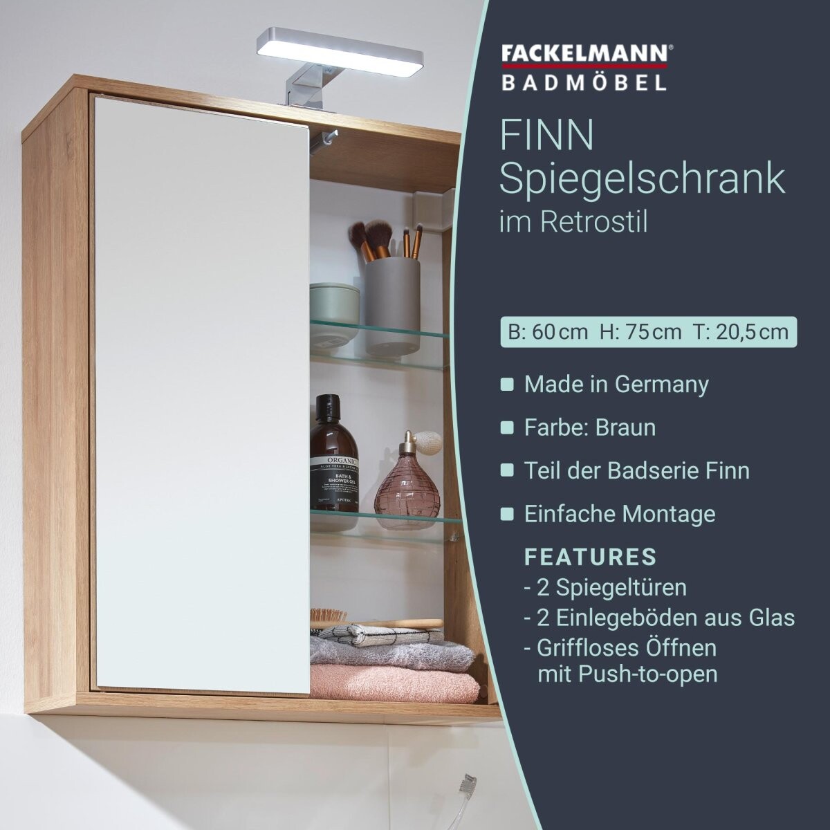 Fackelmann FINN Spiegelschrank 60 cm, Braun hell