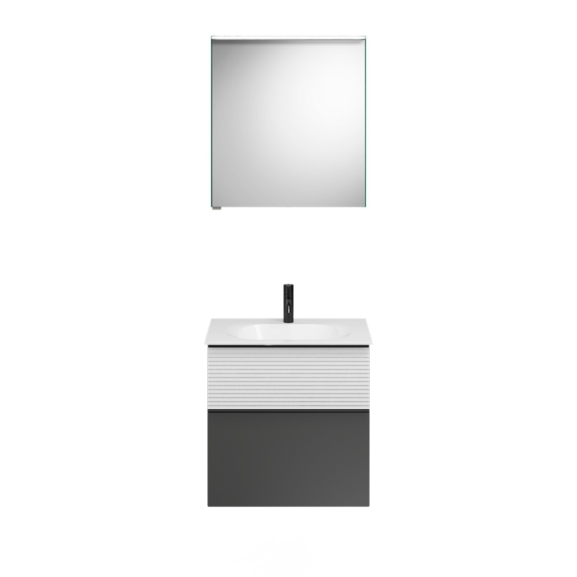 Burgbad FIUMO Waschtisch Set mit Spiegelschrank 62 cm breit, Weiß/Anthrazit, Waschbecken Gussmarmor Weiß, Anschlag rechts Burgbad FIUMO Waschtisch Set mit Spiegelschrank 62 cm breit, Weiß/Anthrazit, Waschbecken Gussmarmor Weiß, Anschlag rechts