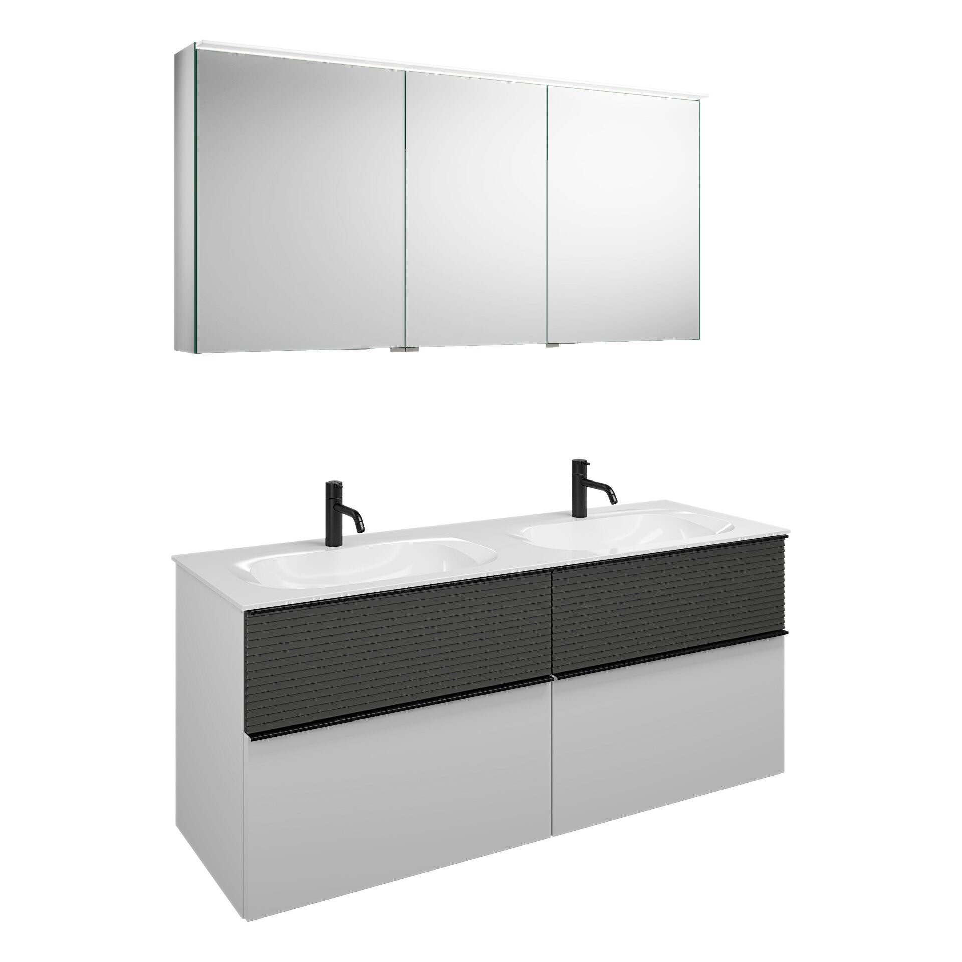 Burgbad FIUMO Waschtisch Set mit Spiegelschrank 142 cm breit, Anthrazit/Weiß, Doppelwaschbecken Gussmarmor Weiß, 4 Schubladen, Anschlag rechts Burgbad FIUMO Waschtisch Set mit Spiegelschrank 142 cm breit, Anthrazit/Weiß, Doppelwaschbecken Gussmarmor Weiß, 4 Schubladen, Anschlag rechts