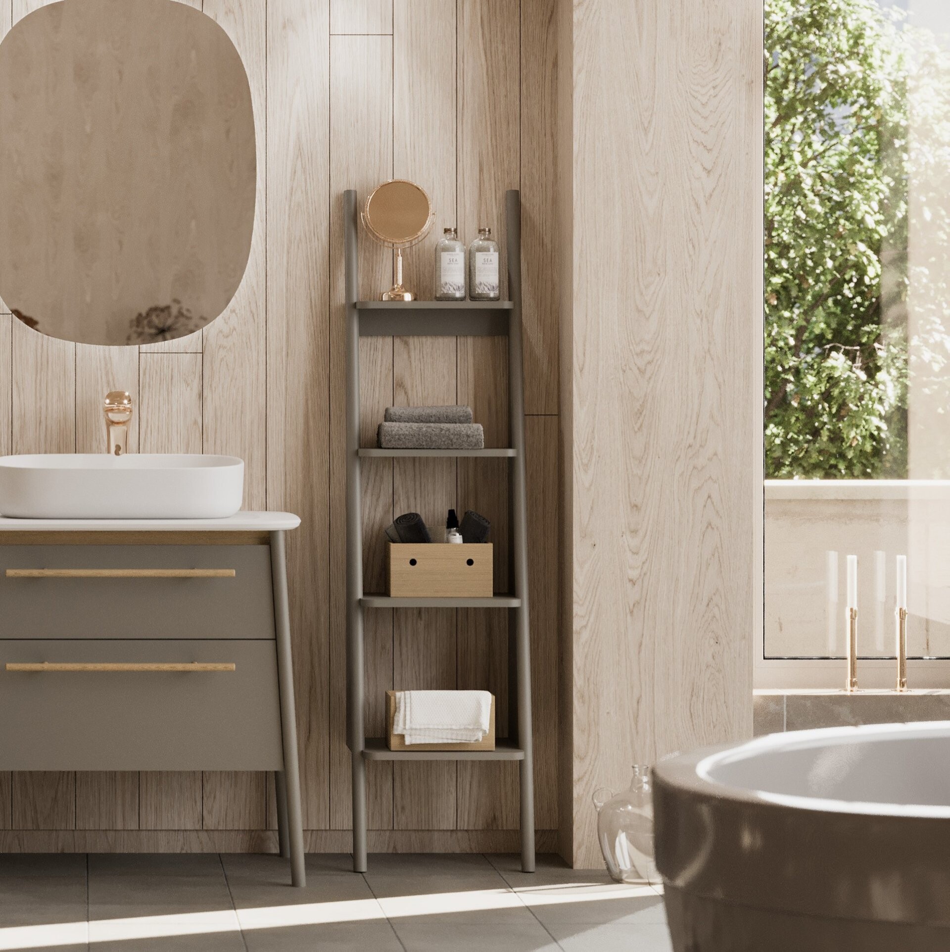 BADEDU TANA Badregal 40 cm breit, Grau matt, 4 Ablagen