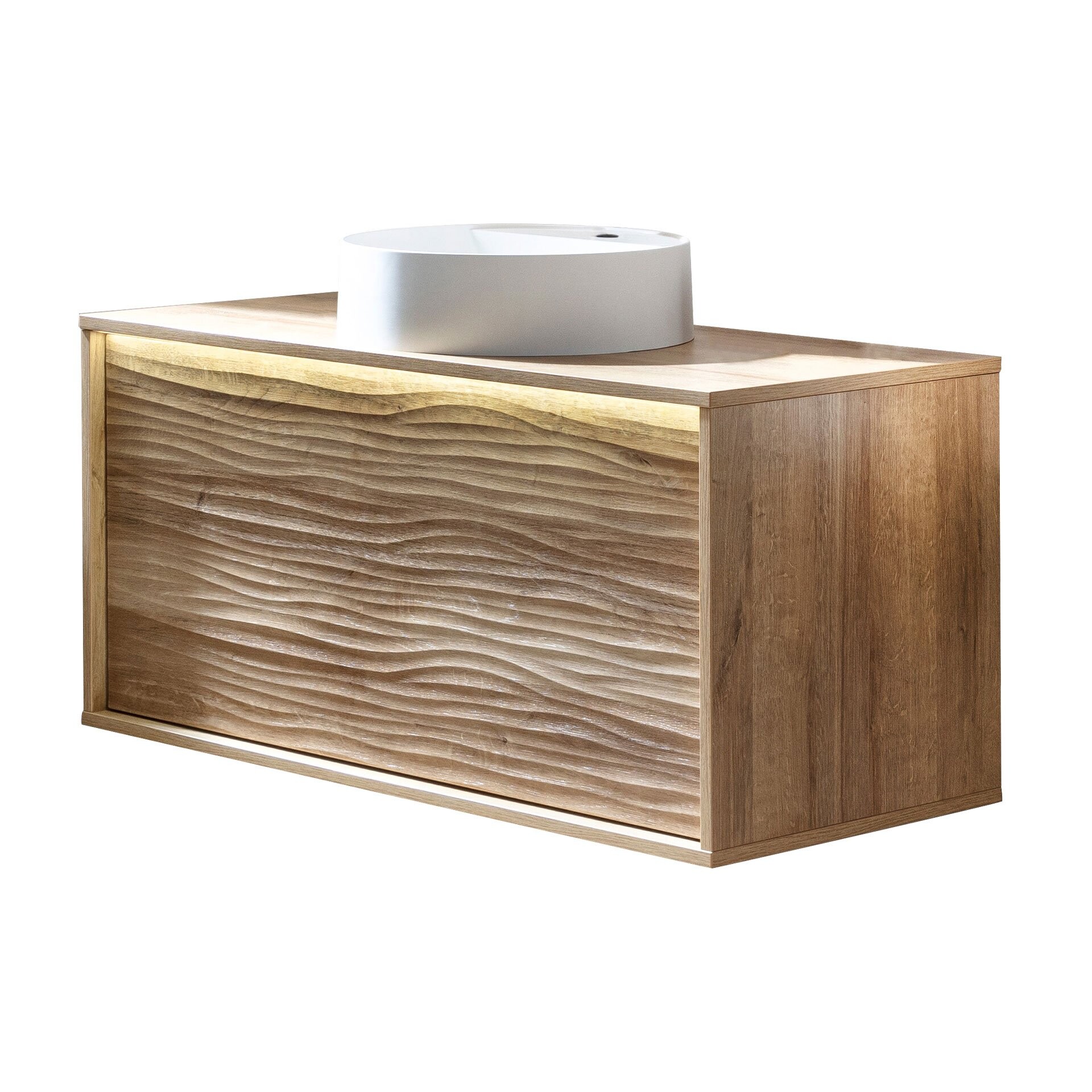 LANZET DUNE Waschbecken mit Unterschrank 100,3 cm breit, Braun hell, Aufsatzwaschbecken Gussmarmor Weiß, inkl. LED Beleuchtung